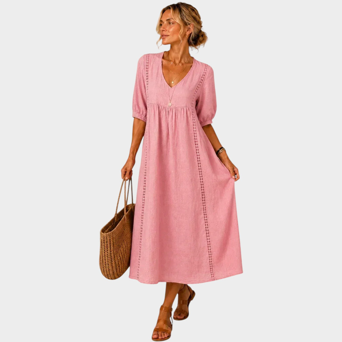 Women’s V-Neck Maxi Dress with Puff Sleeves and Lace Trim