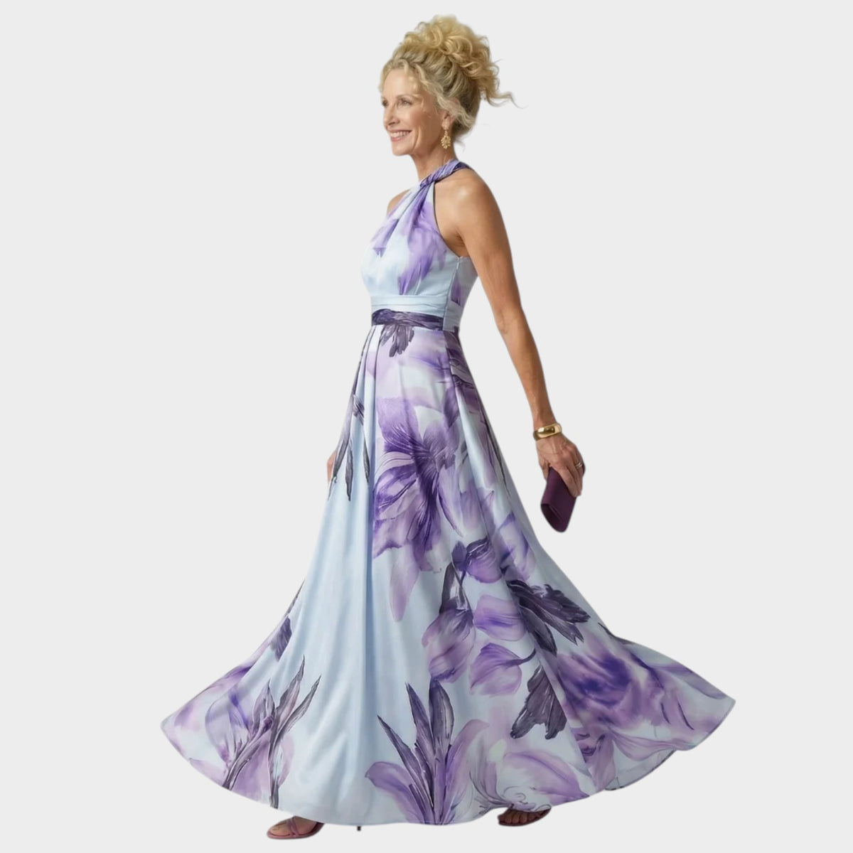 Women’s Floral Maxi Dress with Halter Neckline and Defined Waist