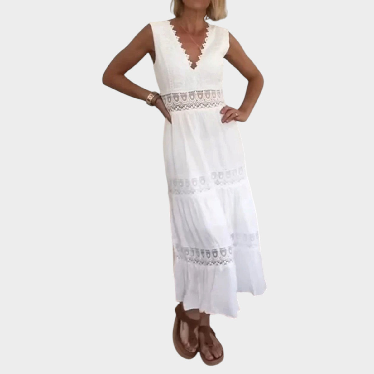 Women’s Lace V-Neck Maxi Dress with Layered Skirt and Flowing Fit