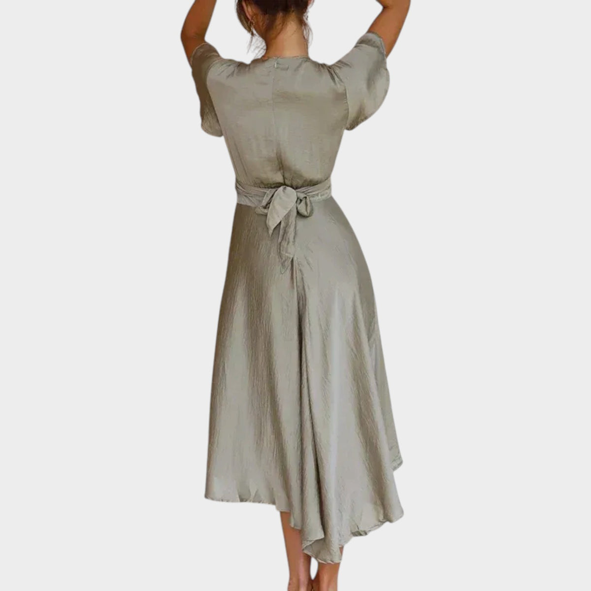 Women’s V-Neck Midi Dress with Flutter Sleeves, Front Knot and Asymmetric Hem