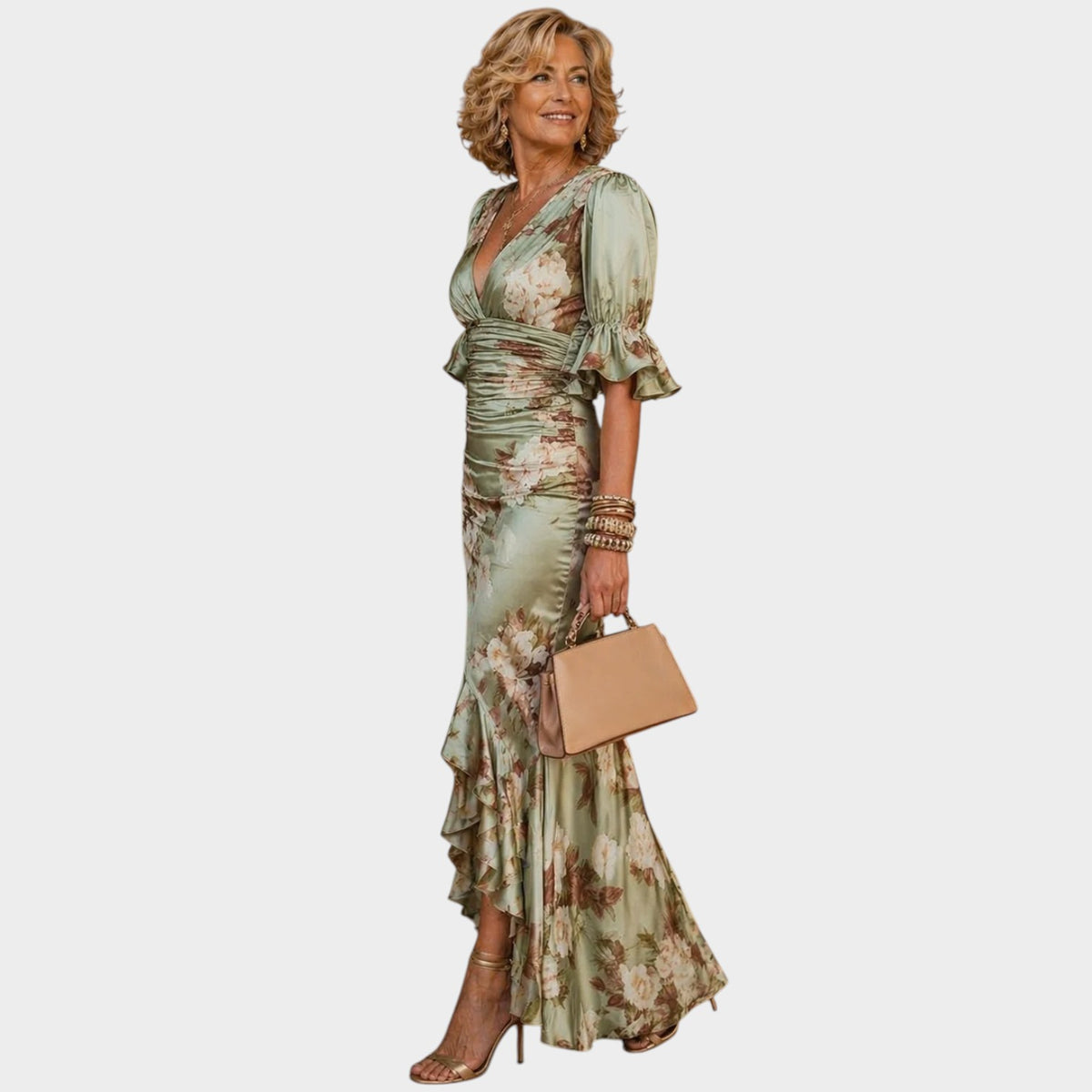 Women’s Floral Midi Dress with Deep V-Neck, Ruched Waist and Ruffle Hem