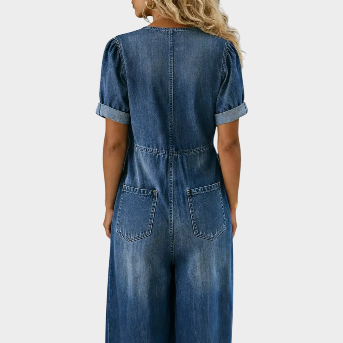 Women’s Denim V-Neck Jumpsuit with Short Sleeves and Wide Legs