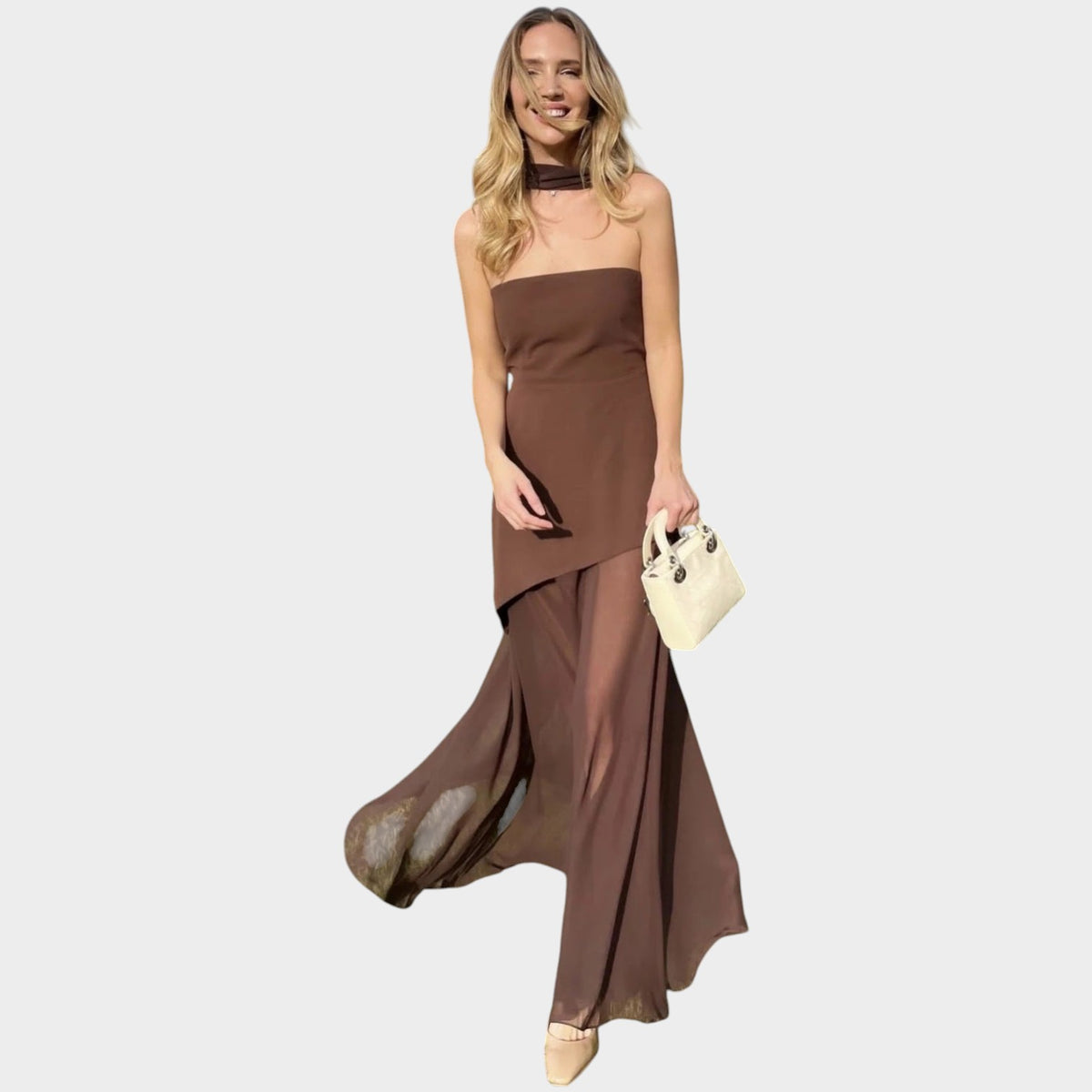 Women’s Strapless Mesh Maxi Dress with Asymmetric Hem