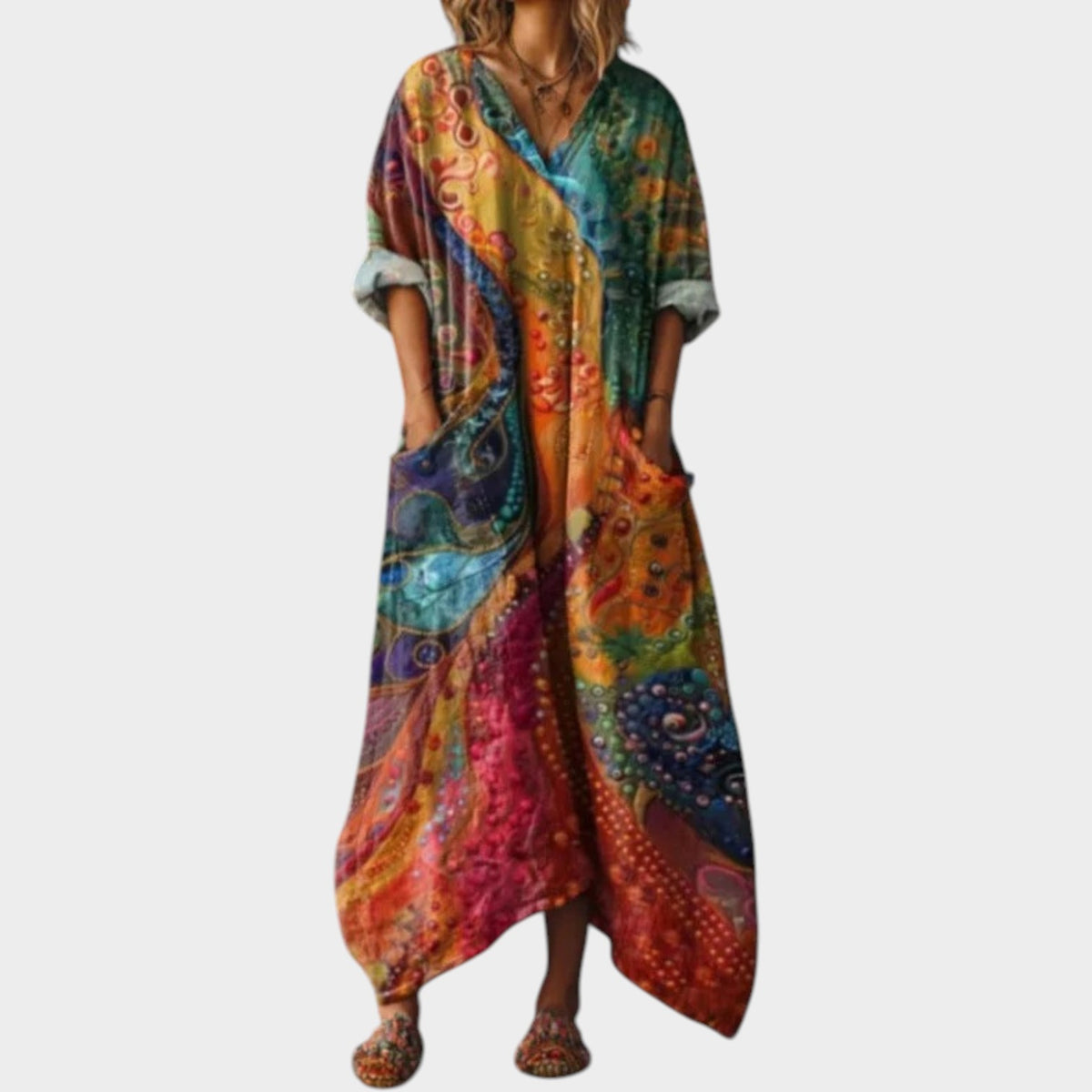 Women’s Boho Midi Dress with Long Sleeves, Vintage Print and Side Pockets