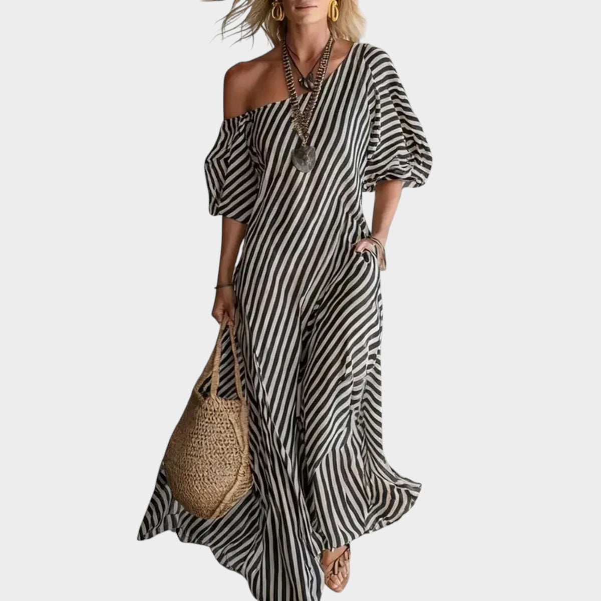 Women’s Striped Maxi Dress with One-Shoulder Neckline and Puff Sleeves