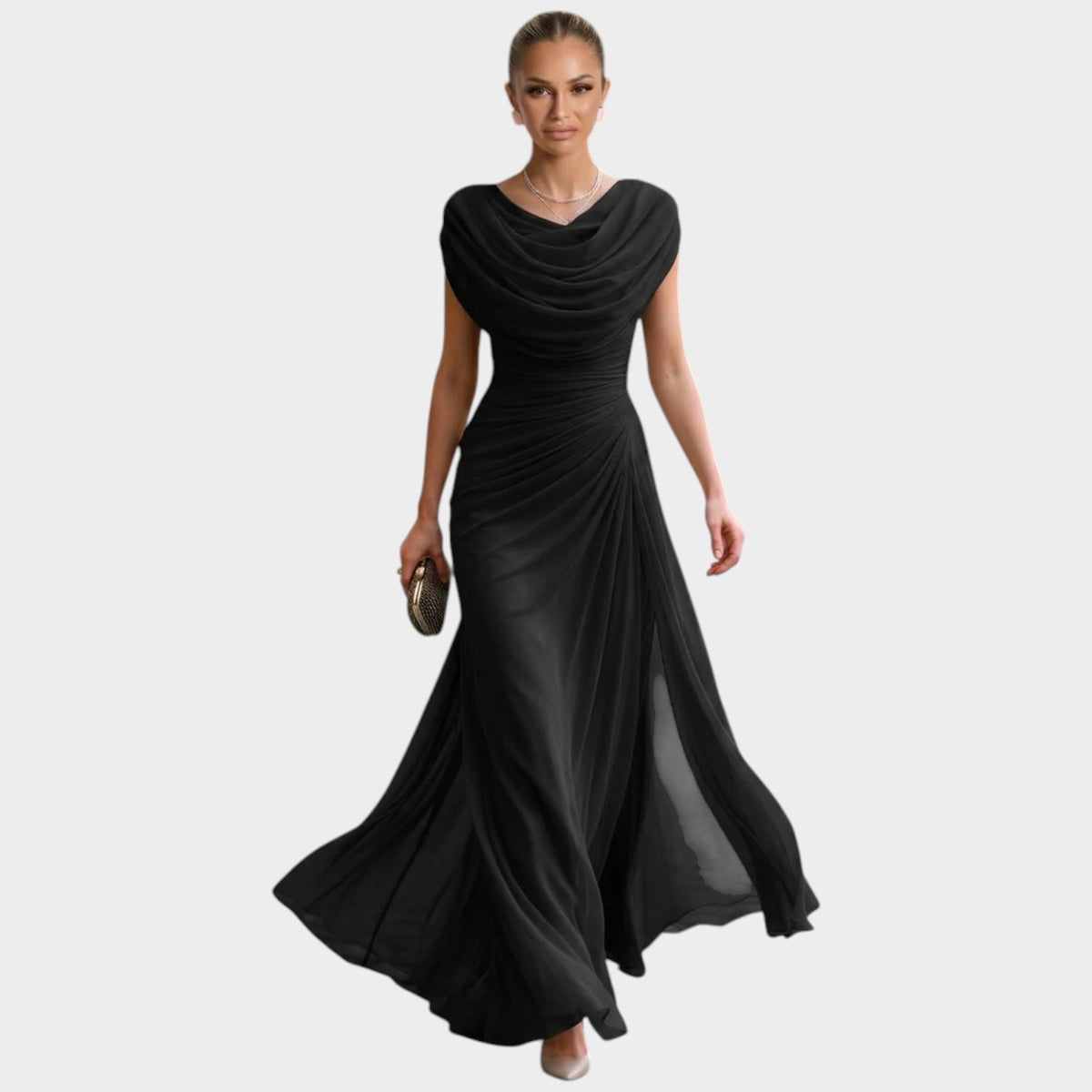 Women’s Maxi Dress with Draped Cowl Neck Ruched Waist