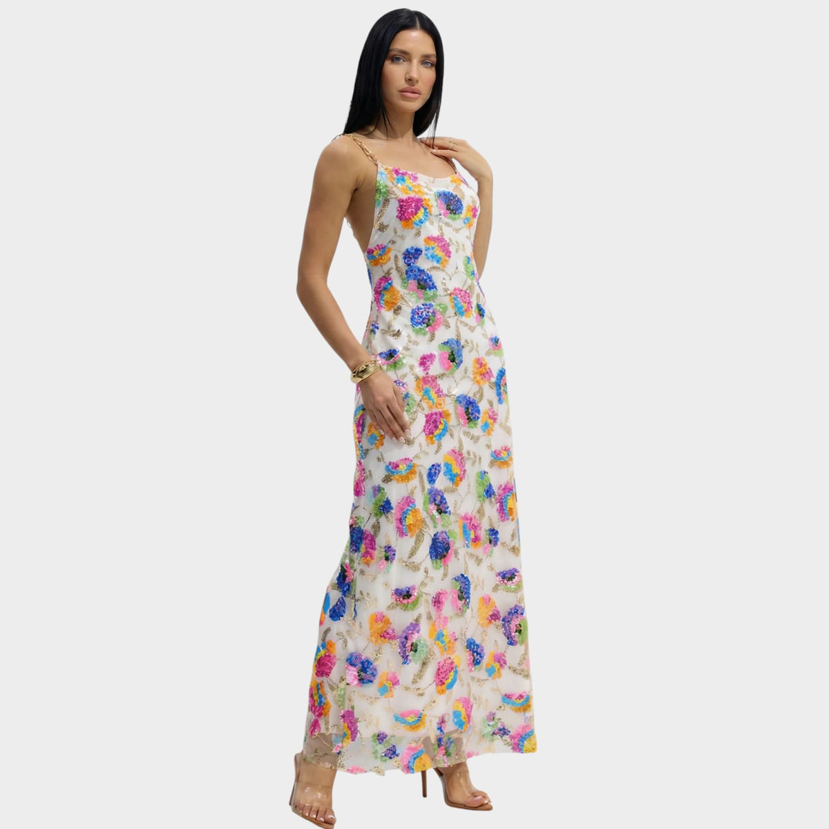 Women’s Floral Sequin Maxi Dress with Gold Chain Straps Open Back