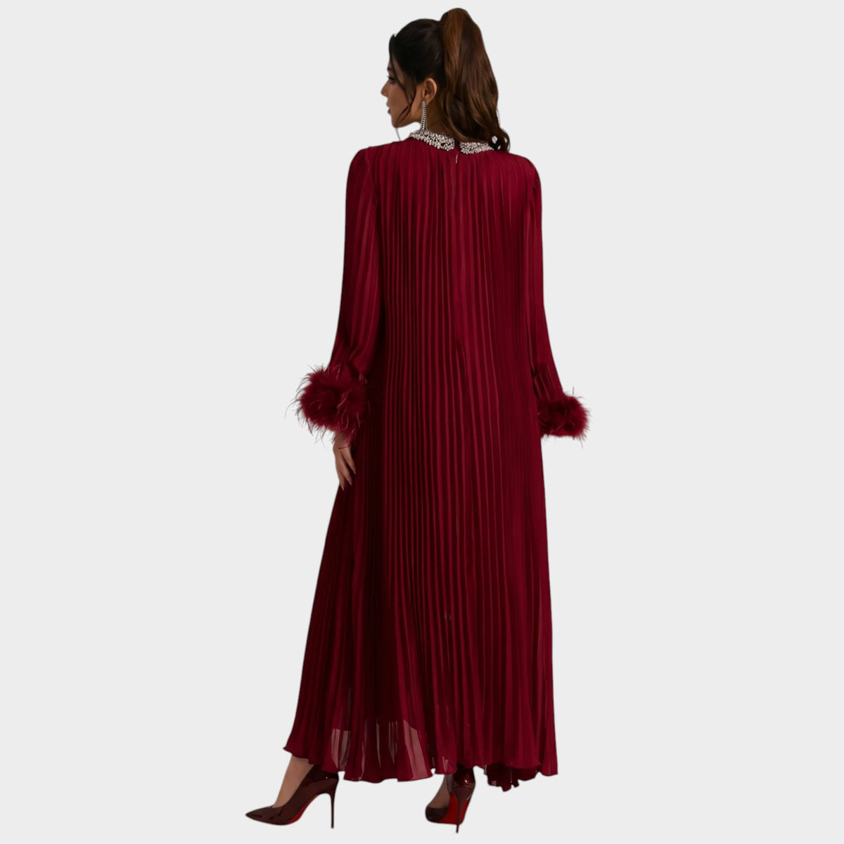 Women’s Pleated Maxi Dress with Embellished Keyhole Neckline and Feather Cuffs