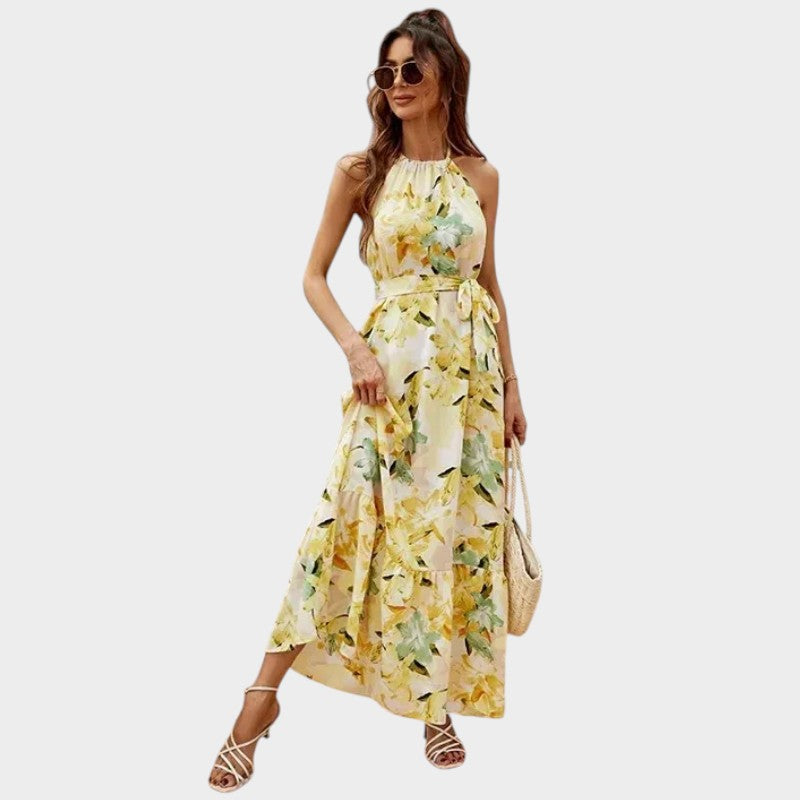 Women’s Floral Halter Neck Maxi Dress with Waist Tie and Tiered Skirt