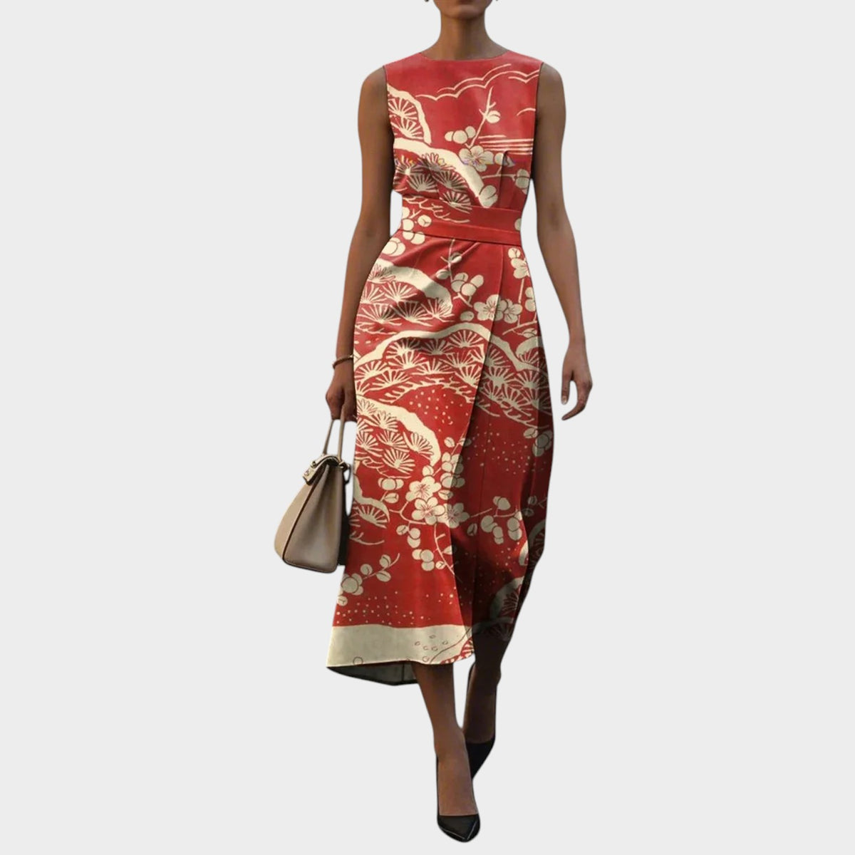 Women’s Sleeveless Midi Dress with Floral Pattern and Waist Detail