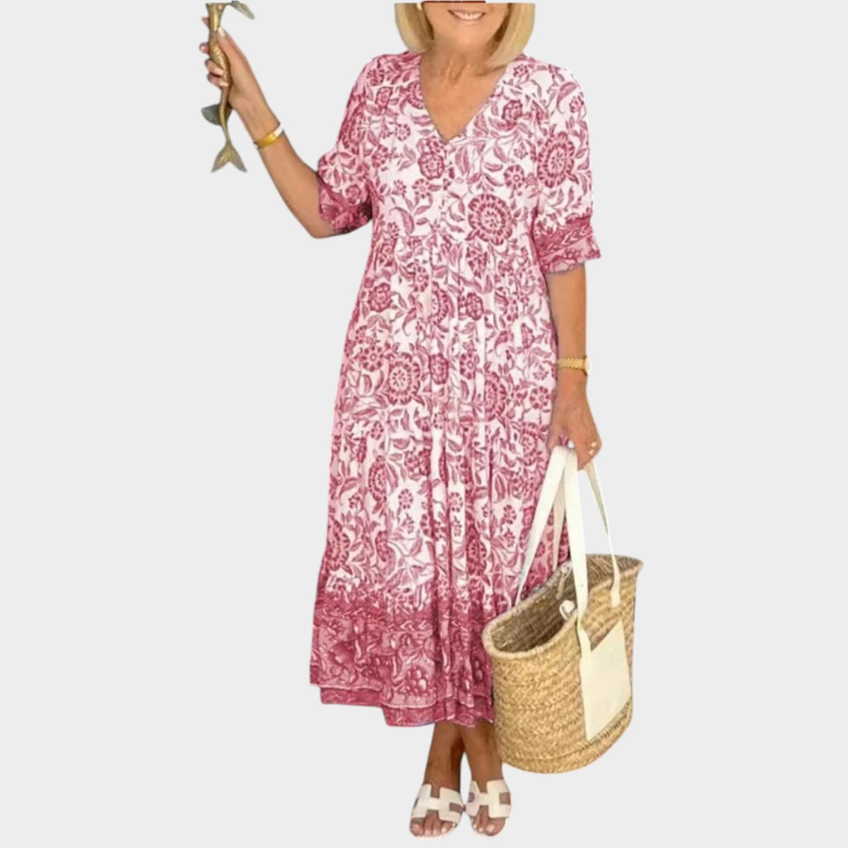 Women’s Floral Maxi Dress with V-Neckline and Relaxed Fit