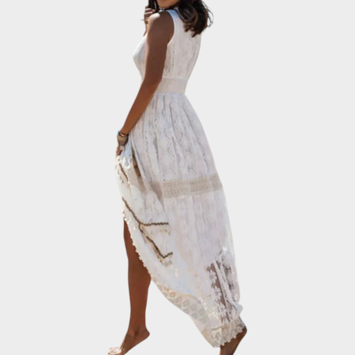 Women’s Embroidered Maxi Dress with Sleeveless V-Neck and High Side Slit