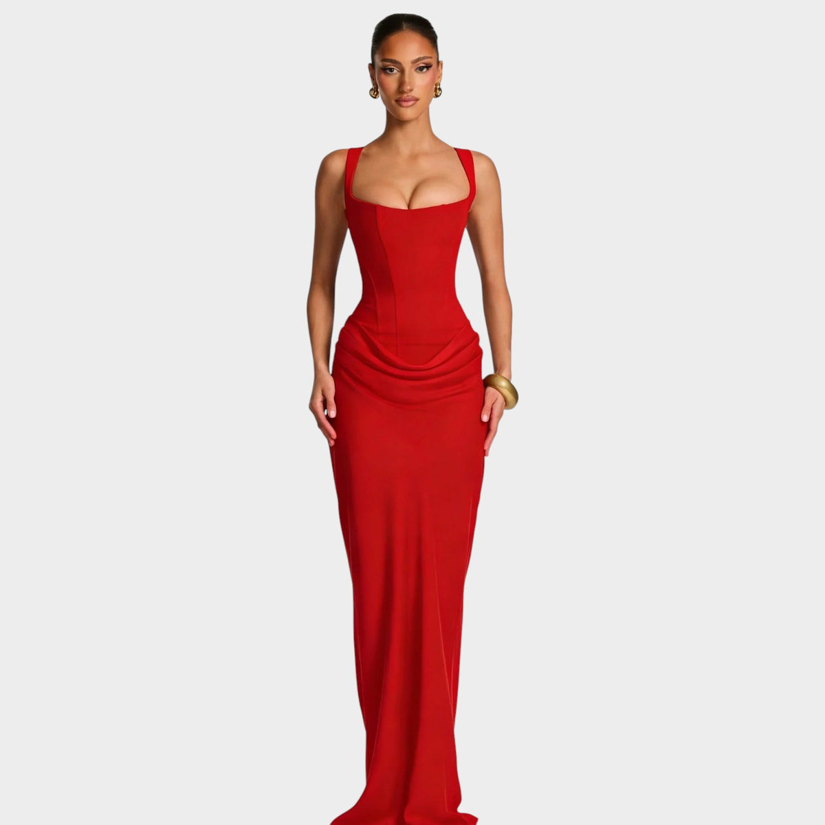 Women’s Sleeveless Maxi Evening Dress with Square Neckline and Draped Skirt
