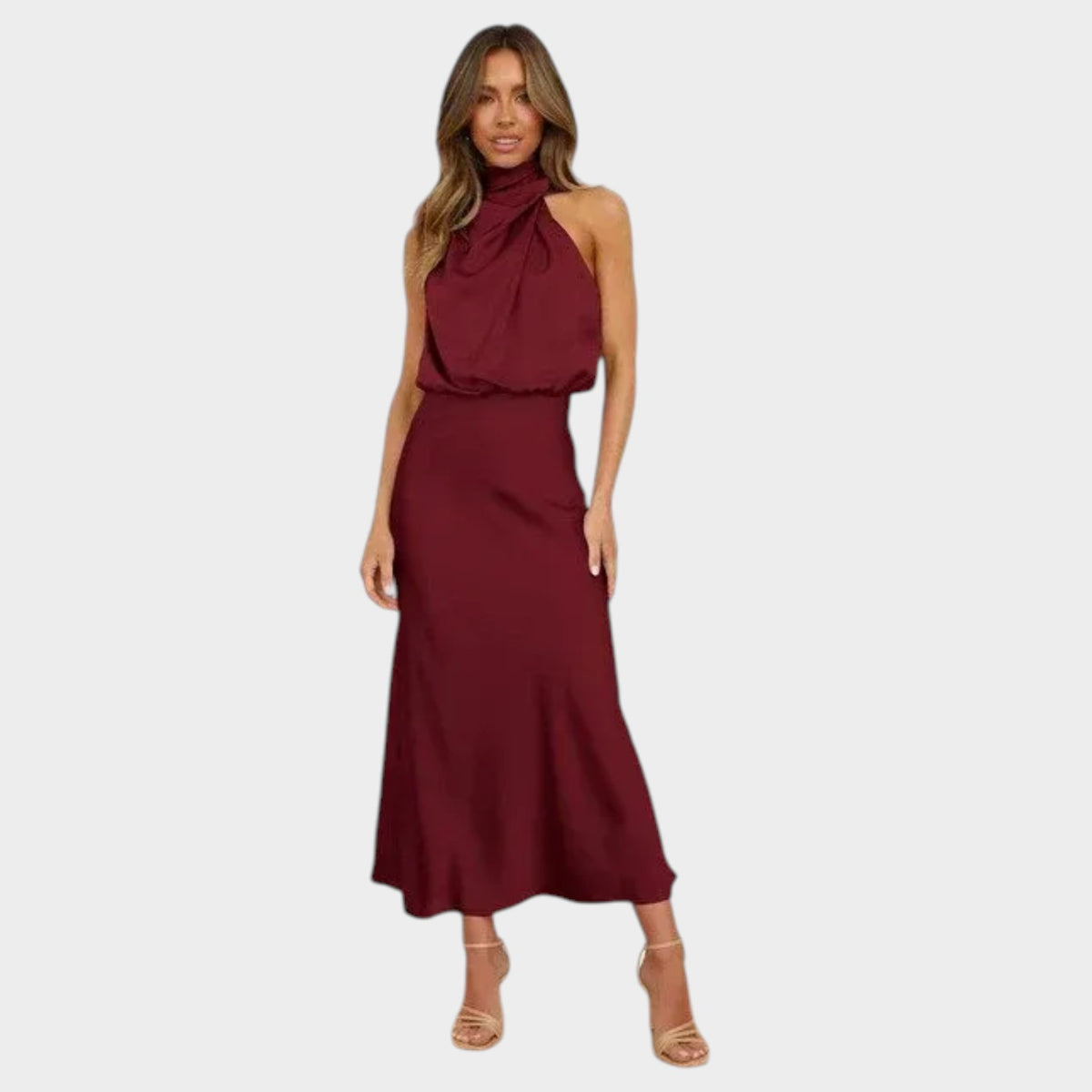 Women’s Halter Midi Dress with Draped Neckline and Gathered Waist