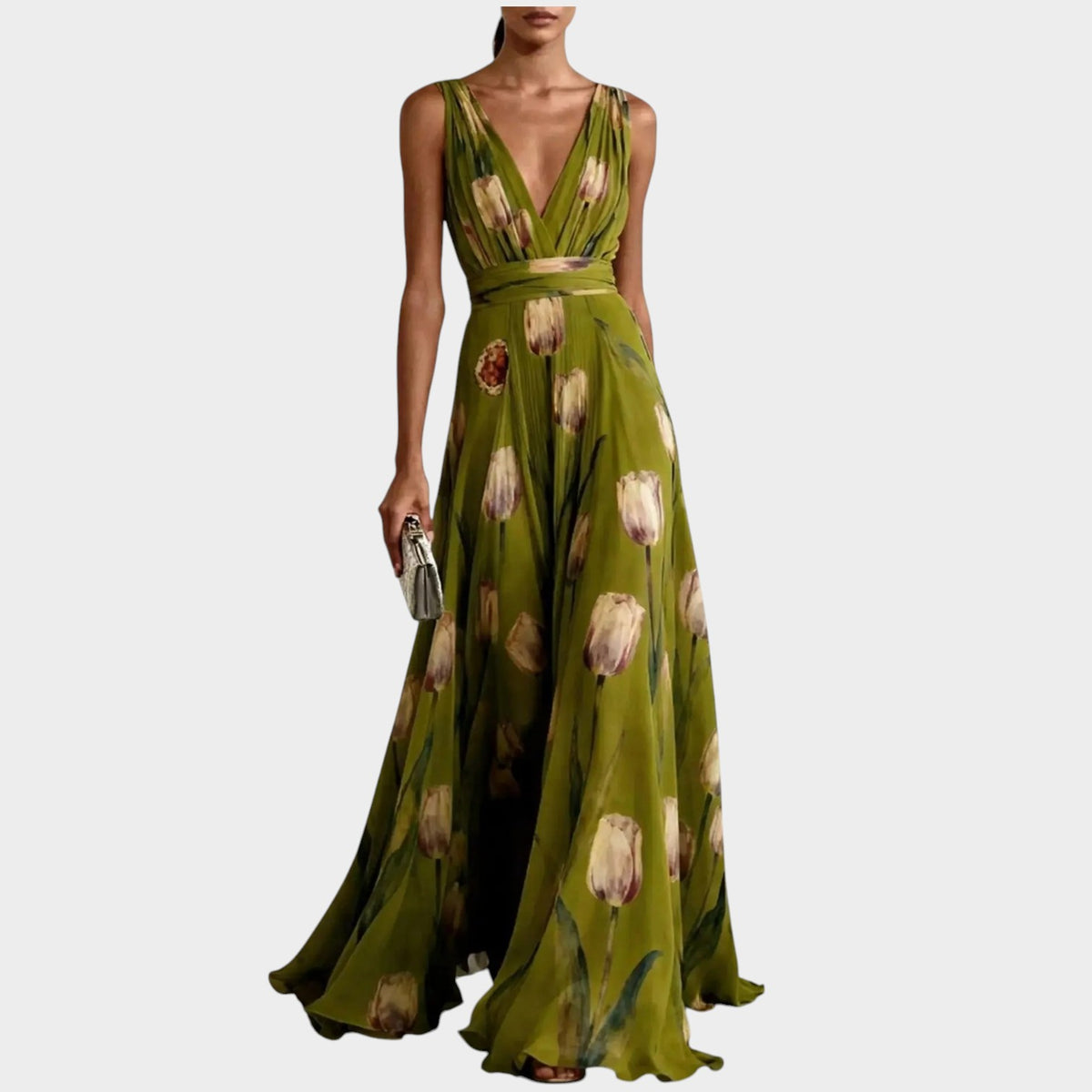 Women’s Floral Print Maxi Dress with Sleeveless Wrap Bodice and V-Neck