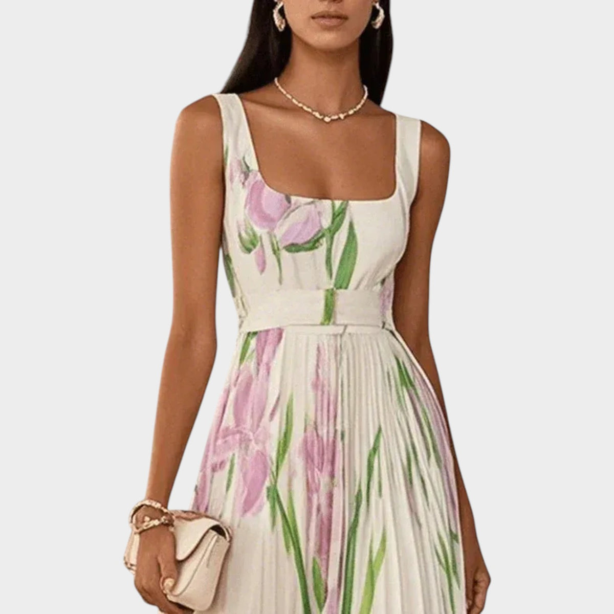 Women’s Floral Pleated Maxi Dress with Square Neckline and Wide Straps