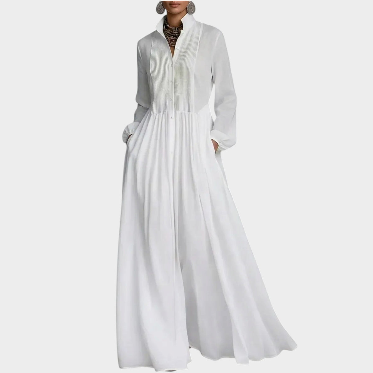 Women’s Long Sleeve Maxi Shirt Dress with Pintuck Detailing and Pockets