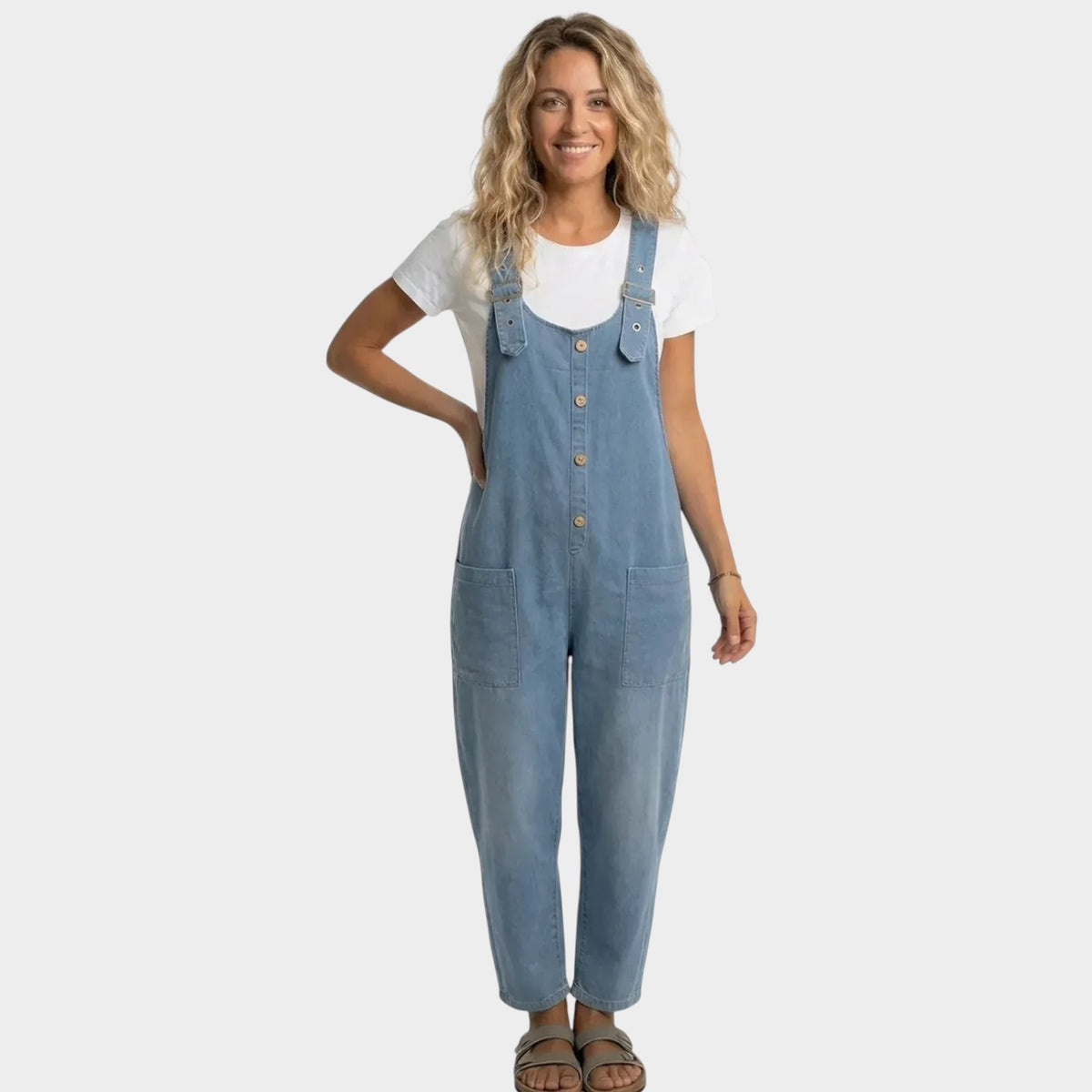 Women’s Denim Overalls Wide-Leg Adjustable Buckle Straps Front Pockets
