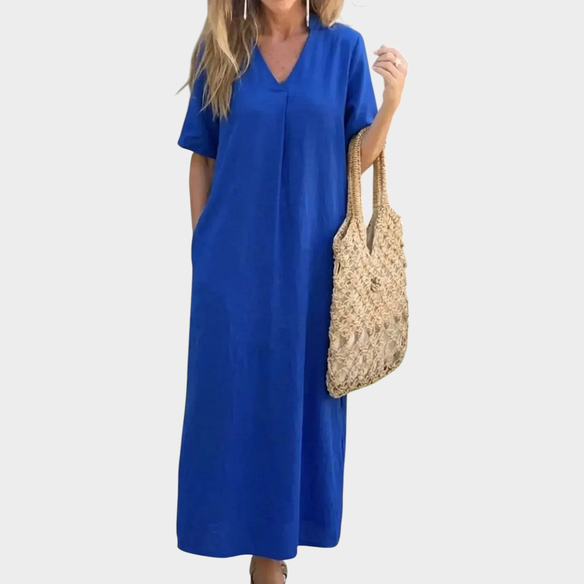 Women’s Cotton and Linen Maxi Dress with V-Neck and Short Sleeves