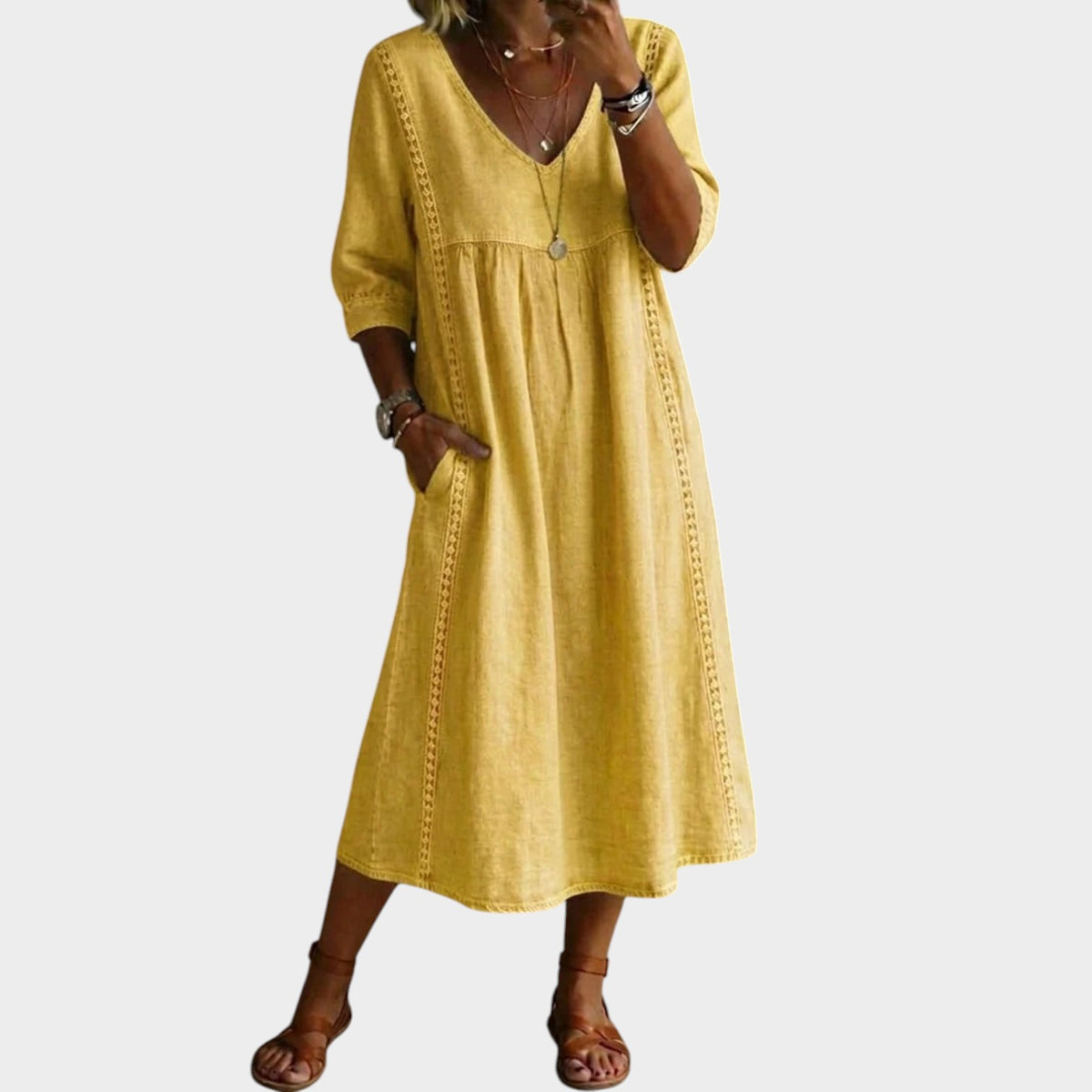 Women’s A-Line Midi Dress with V-Neck, Three-Quarter Sleeves and Lace Trim