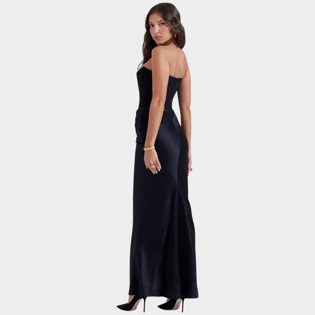 Women’s Strapless Corset Maxi Dress with Draped Waist and Fitted Silhouette