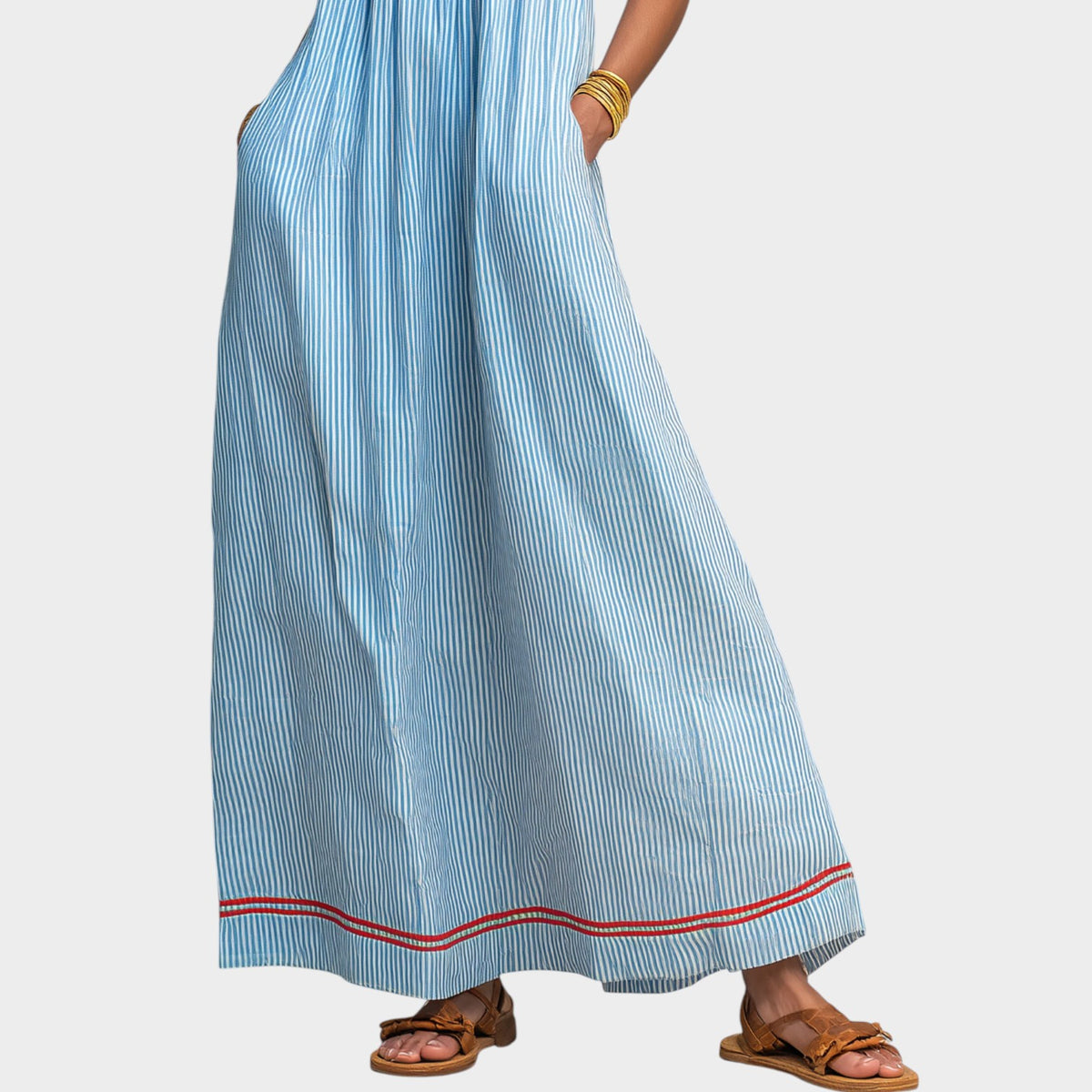 Women’s Striped Maxi Dress Spaghetti Straps Red Accent Detail