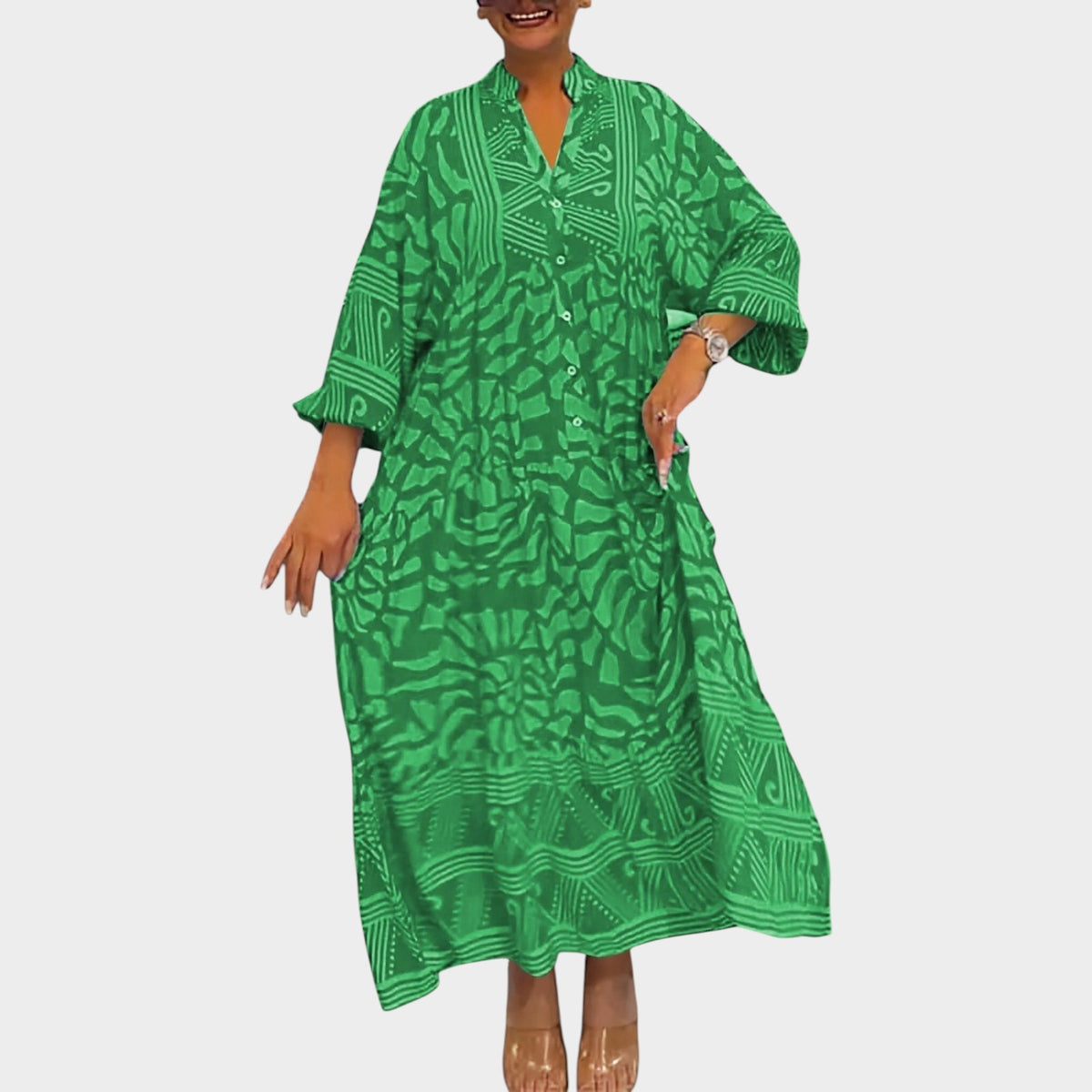 Women’s Floral Print Midi Dress with V-Neck and Long Sleeves