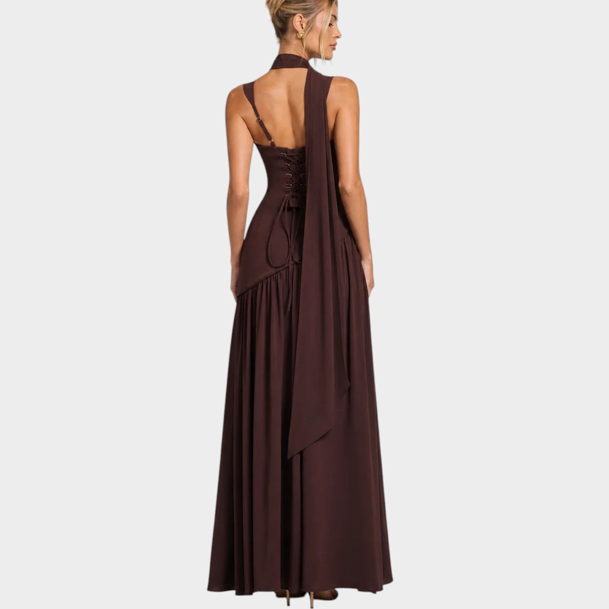 Women’s Strapless Maxi Evening Dress with Draped Bodice and High Slit