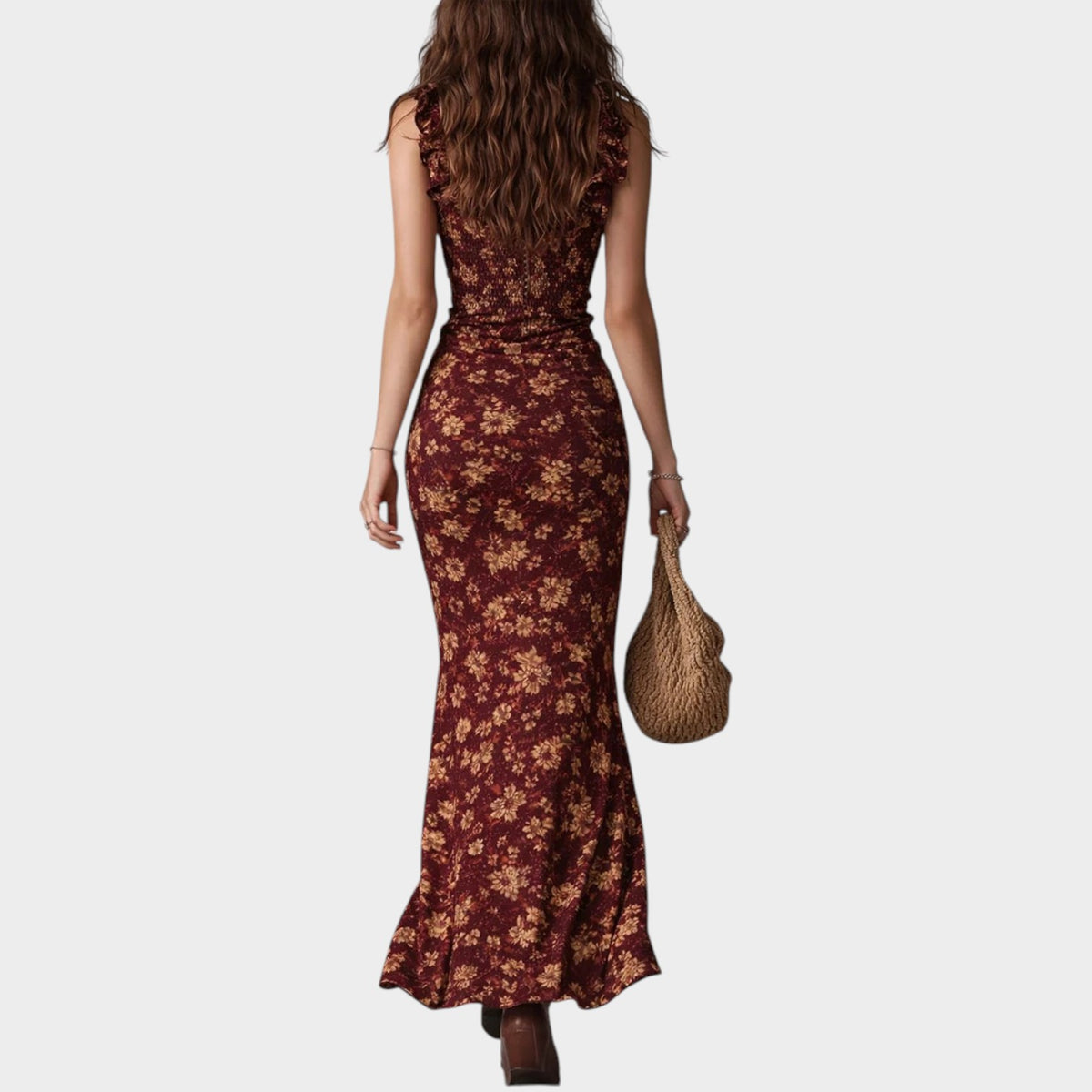 Women’s Boho Maxi Dress with Ruffle Straps, Floral Print and High Side Slit