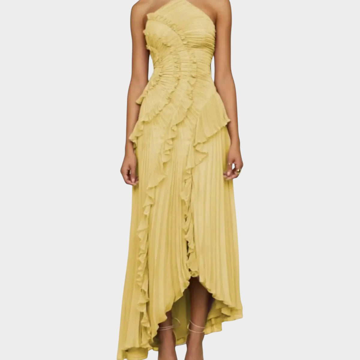 Women’s Halter Neck Midi Dress with Pleated Fabric, Cascading Ruffles and Asymmetric Hem