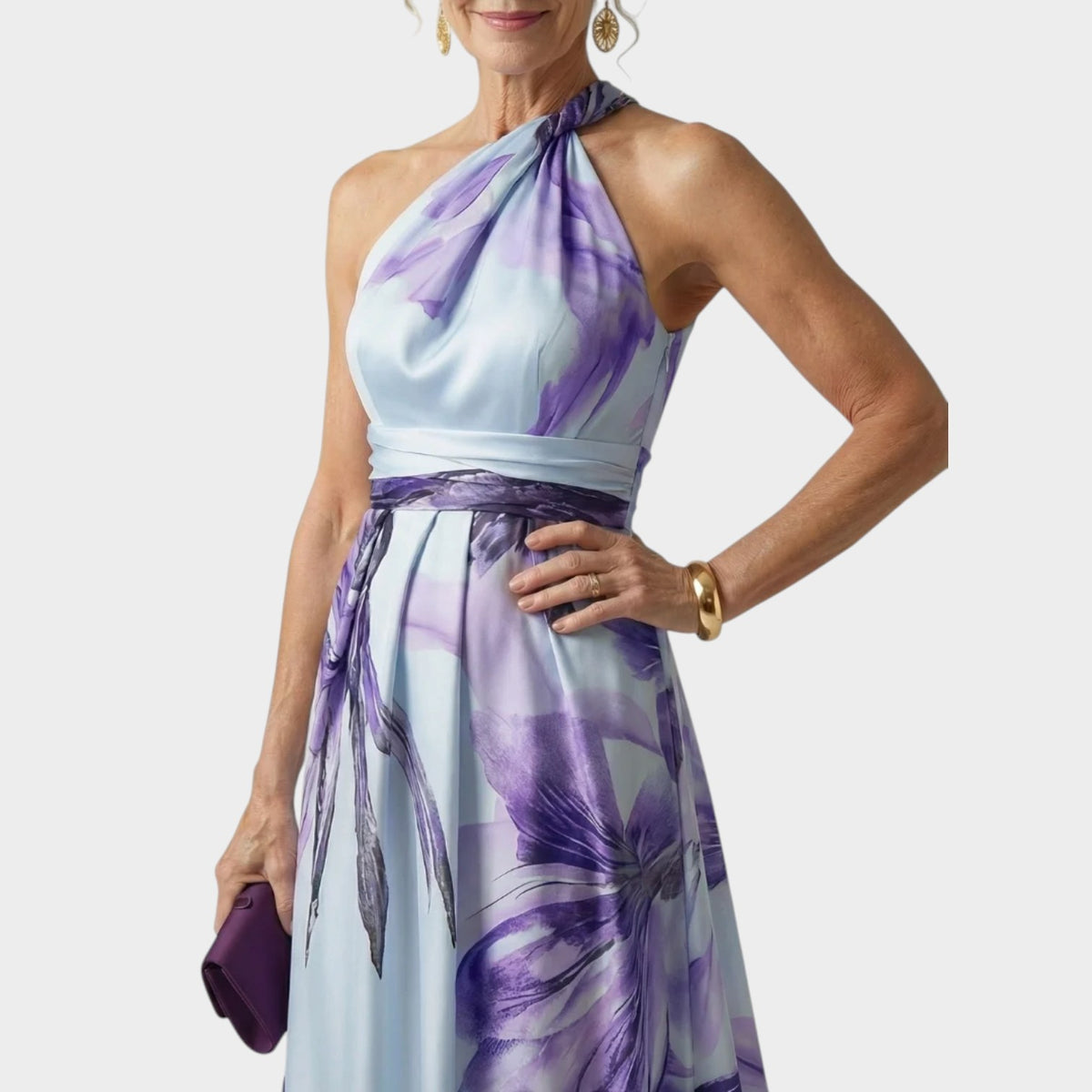 Women’s Floral Maxi Dress with Halter Neckline and Defined Waist