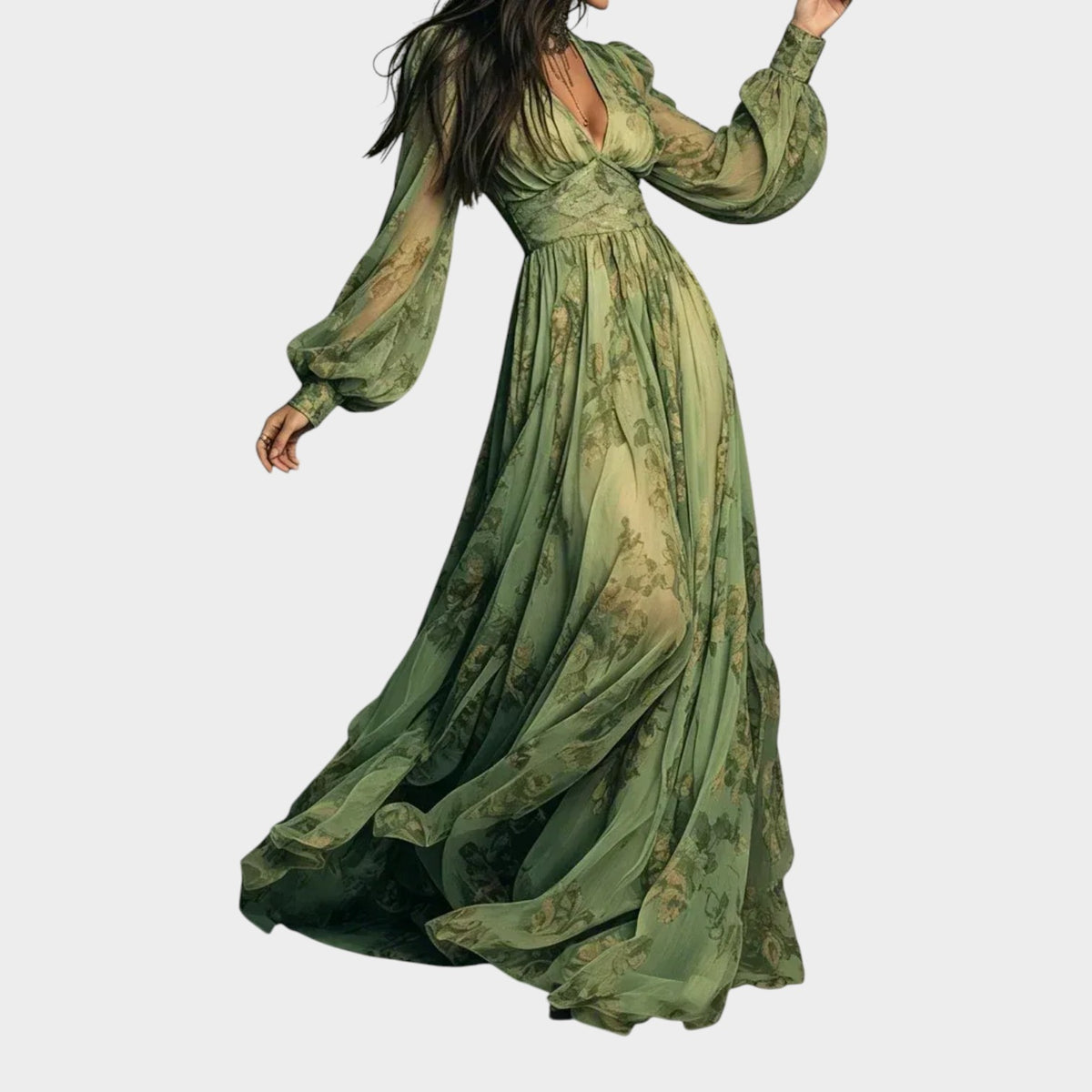 Women’s Floral Maxi Dress with V-Neck, Long Puff Sleeves and Ruffled Hem