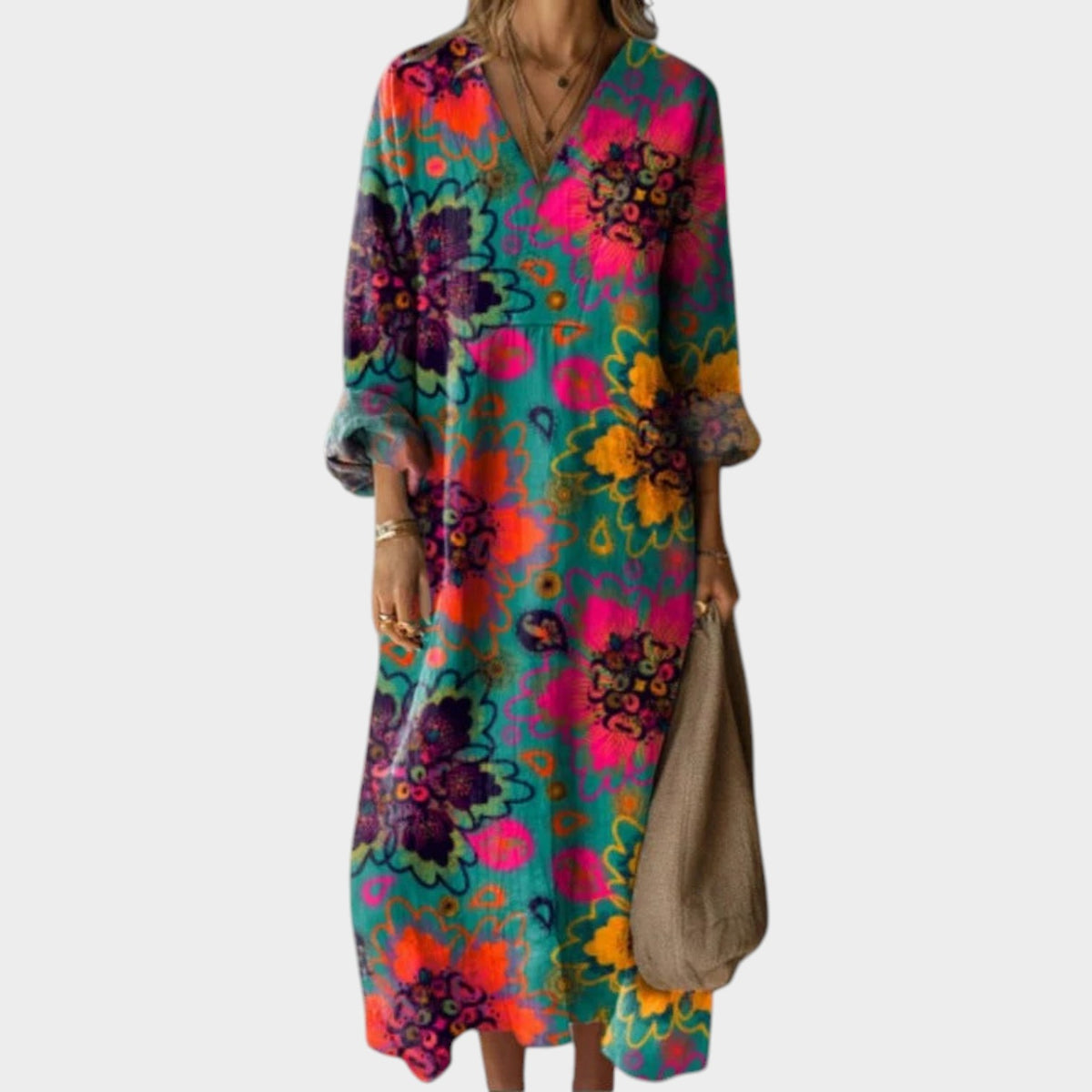 Women’s Boho Midi Dress with Long Sleeves, Vintage Print and Side Pockets