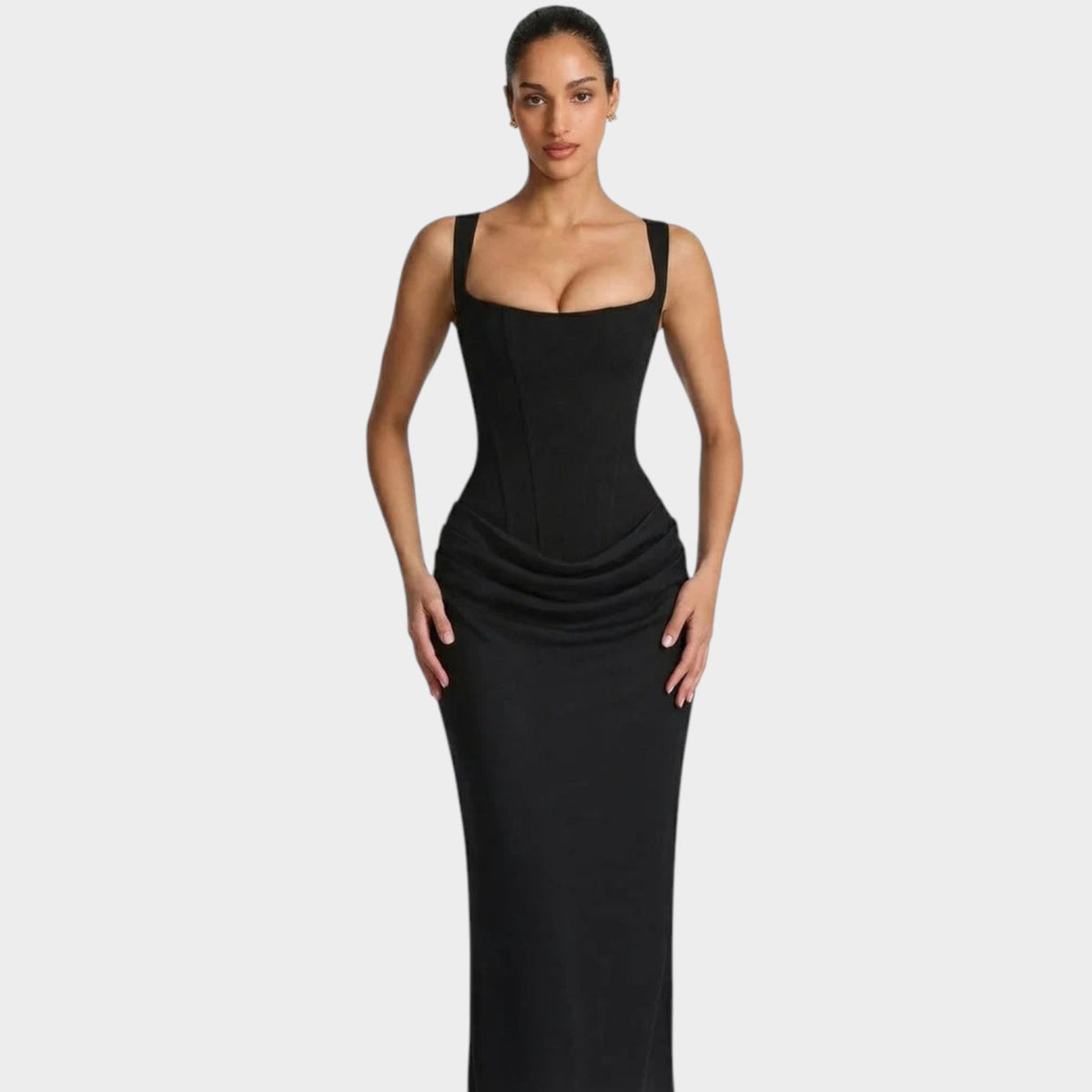 Women’s Corset Maxi Dress with Square Neckline, Draped Skirt and Lace-Up Back