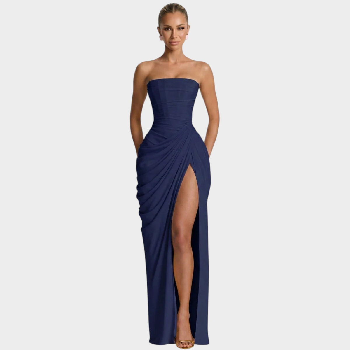 Women’s Strapless Maxi Dress with Gathered Bodice and Front Slit