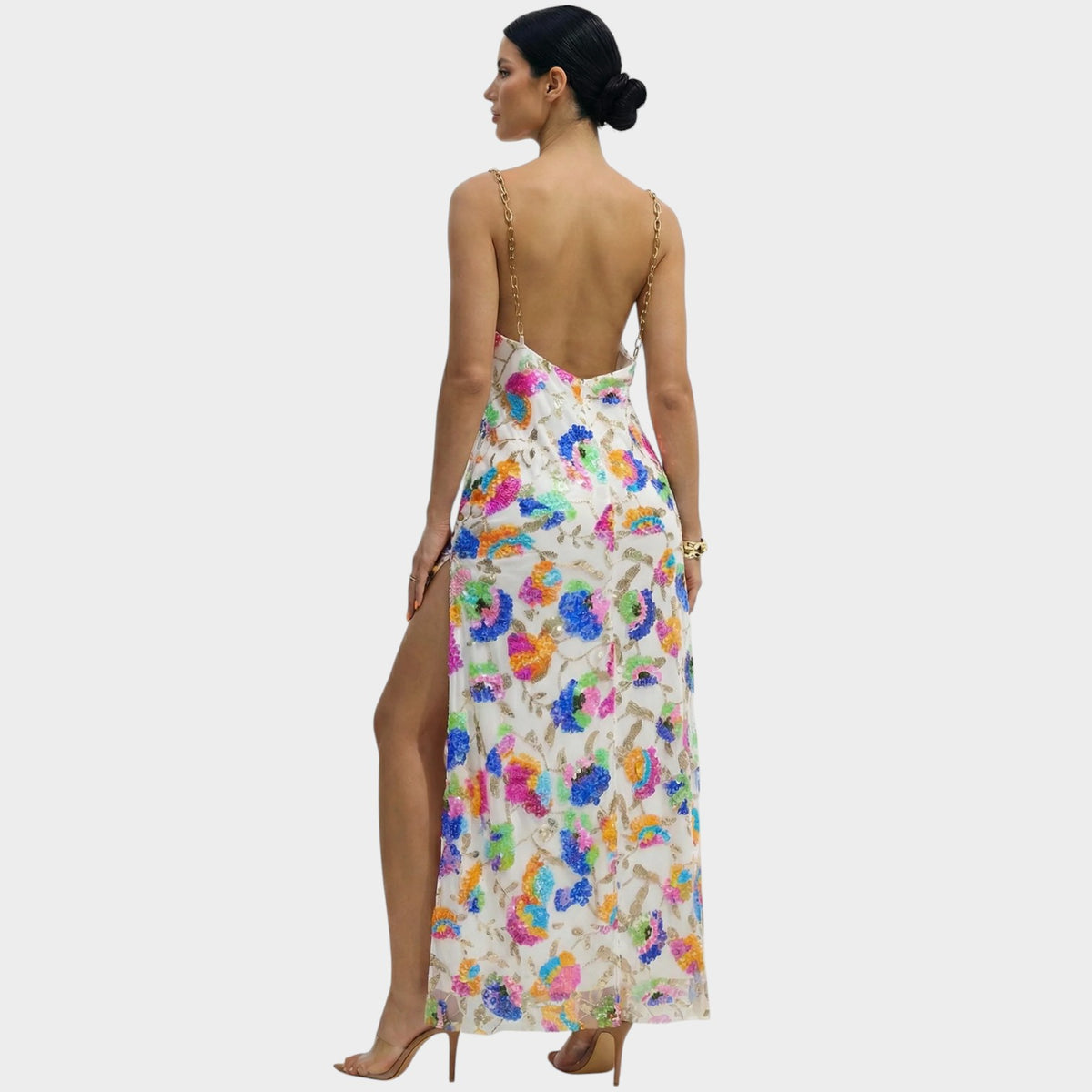 Women’s Floral Sequin Maxi Dress with Gold Chain Straps Open Back