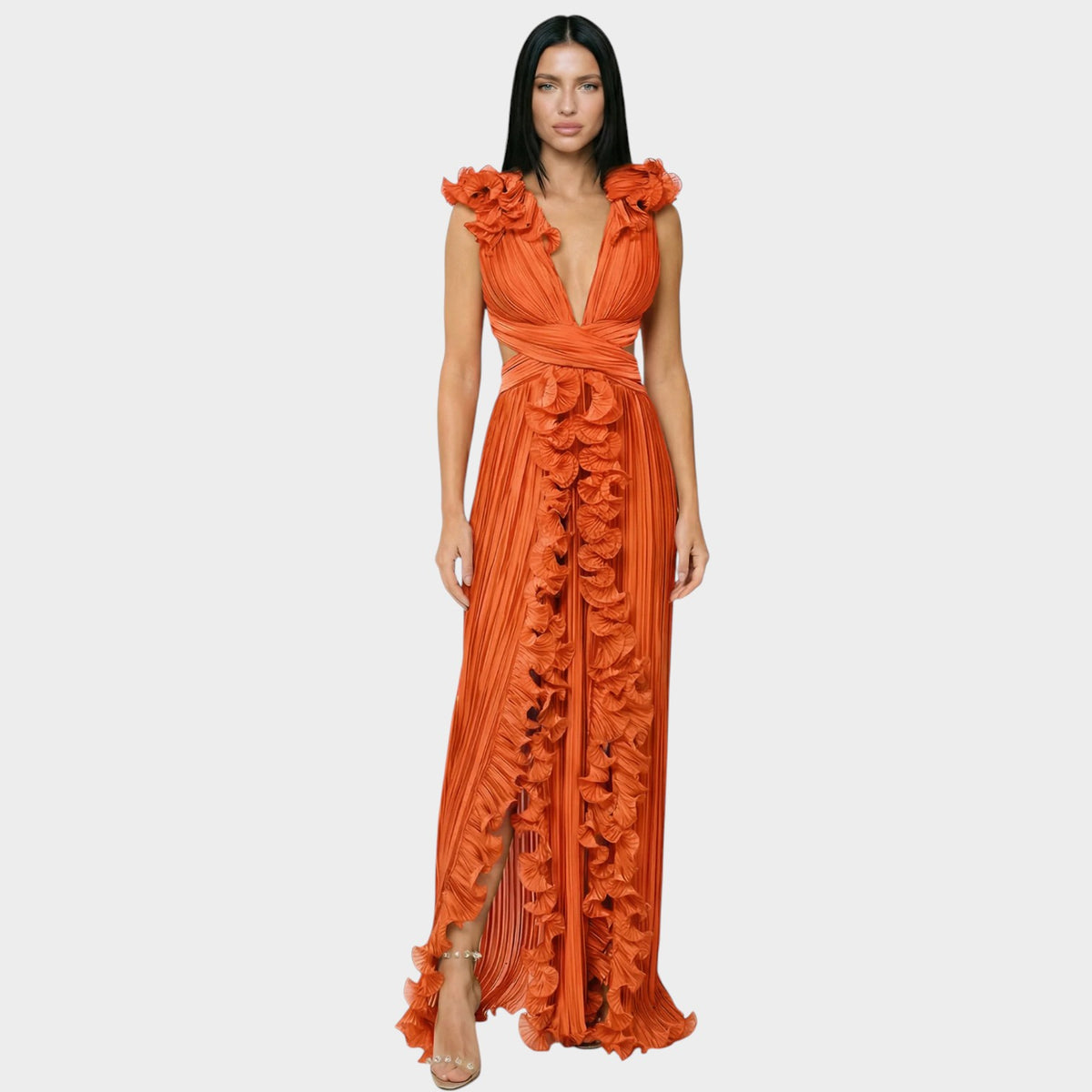 Women’s Pleated Maxi Dress with Deep V-Neck, Waist Cut-Outs and Ruffle Trim