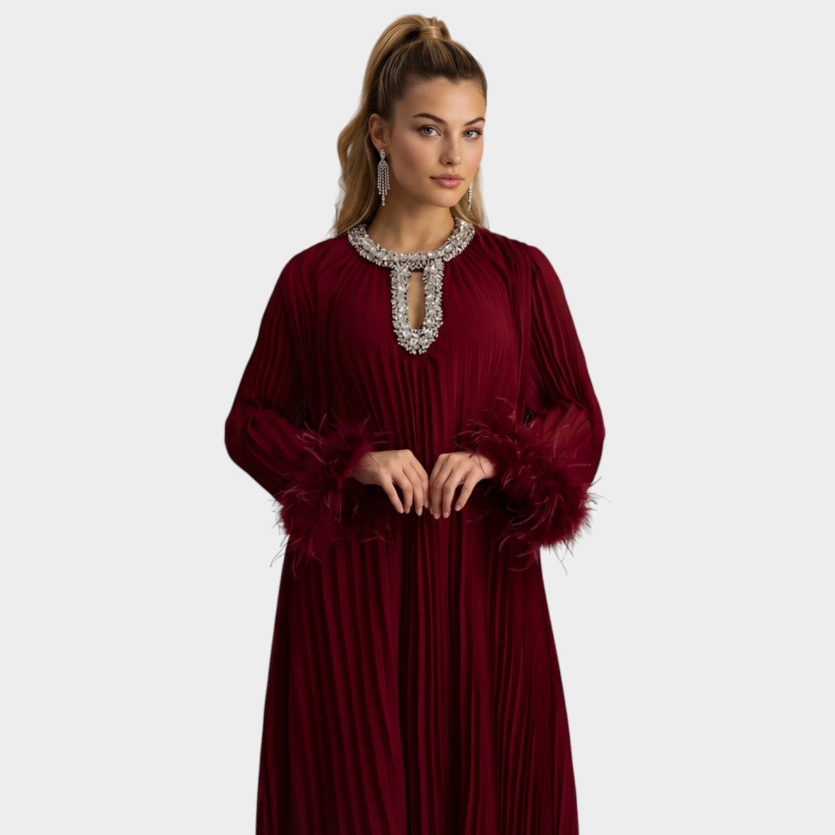 Women’s Pleated Maxi Dress with Embellished Keyhole Neckline and Feather Cuffs