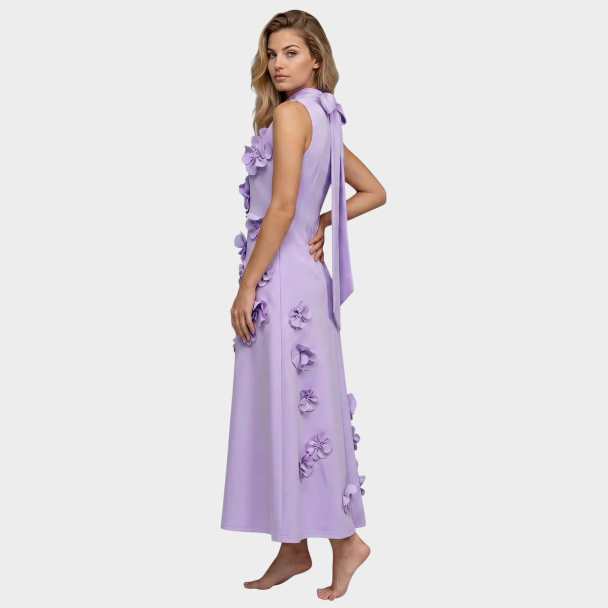 Women’s Floral Appliqué Maxi Dress with High Neck and Sleeveless Design