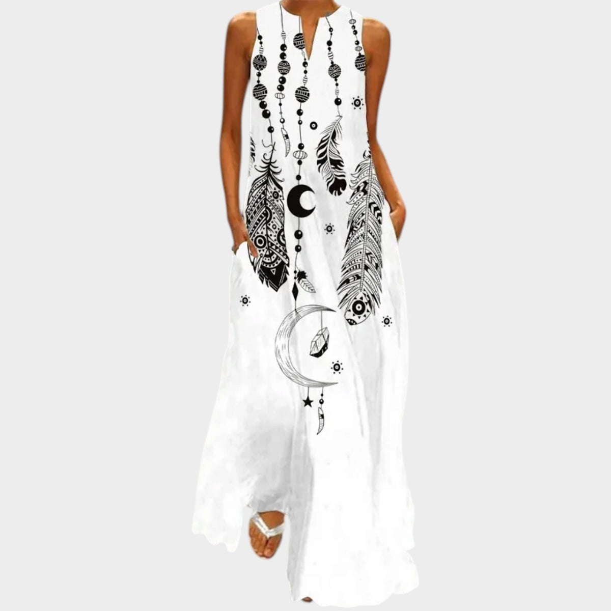 Women’s Sleeveless Maxi Dress with V-Neck, A-Line Fit and Printed Design