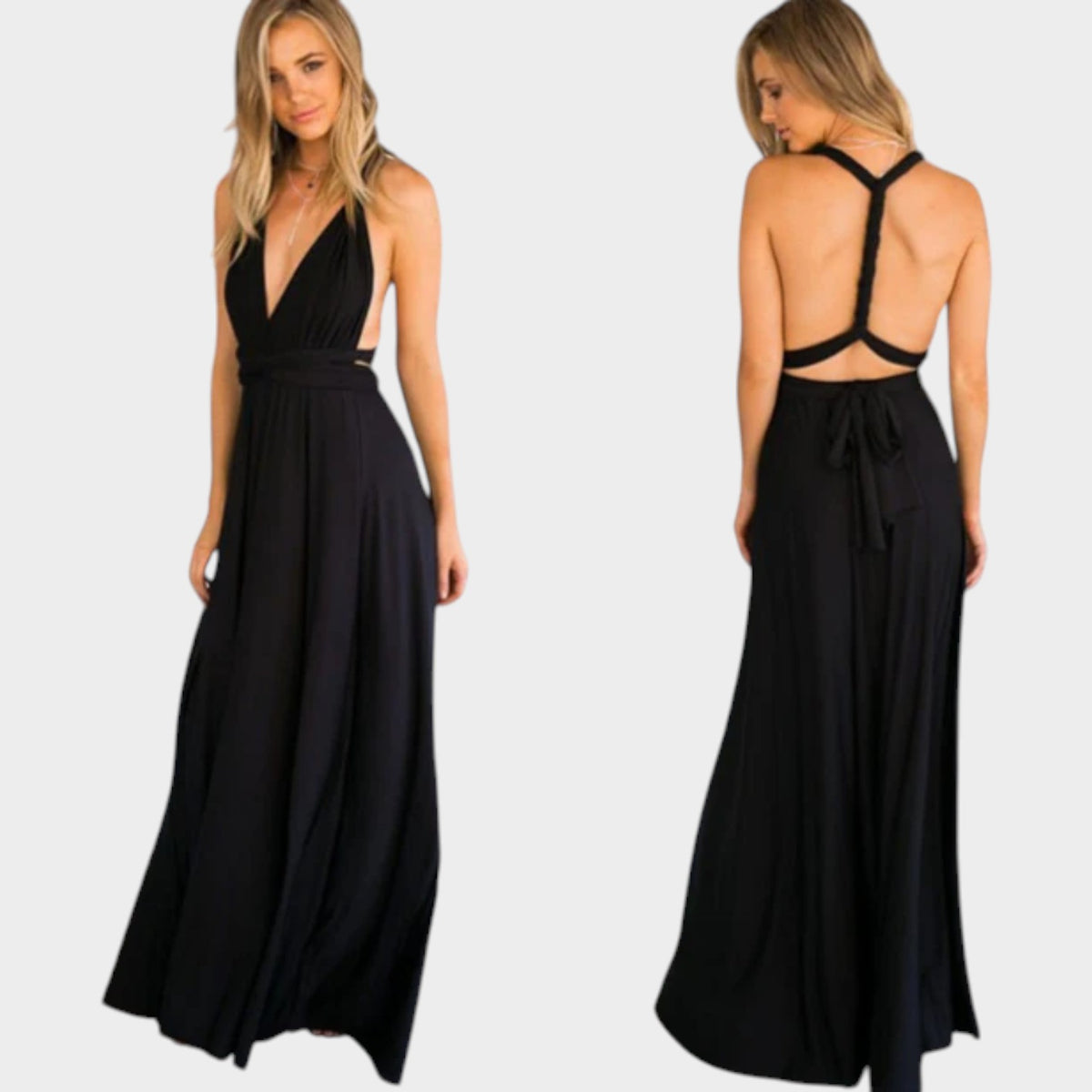 Women’s Convertible Maxi Wrap Dress with Deep V-Neck and Open Back