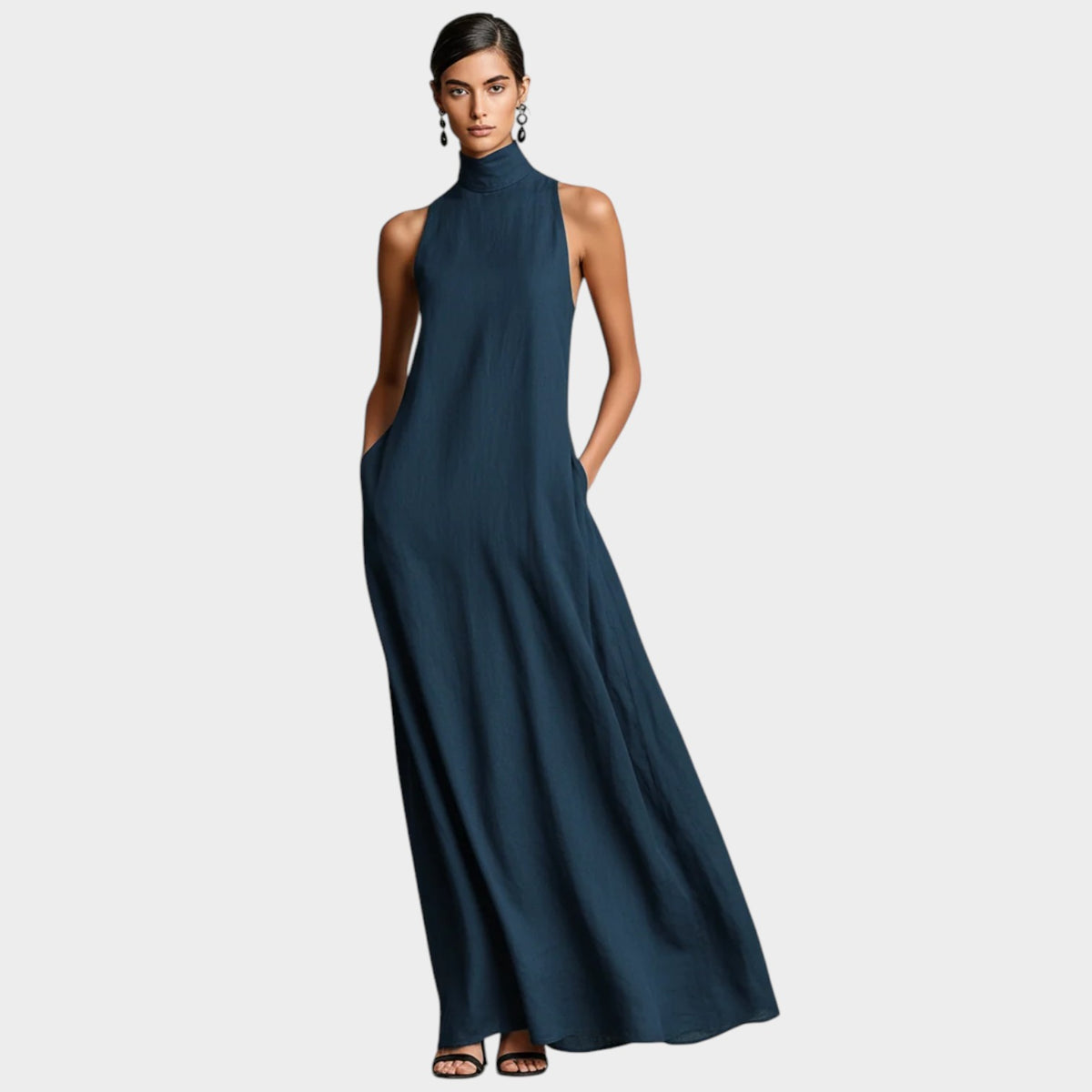 Women’s Sleeveless Maxi Dress with High Neck and Side Pockets