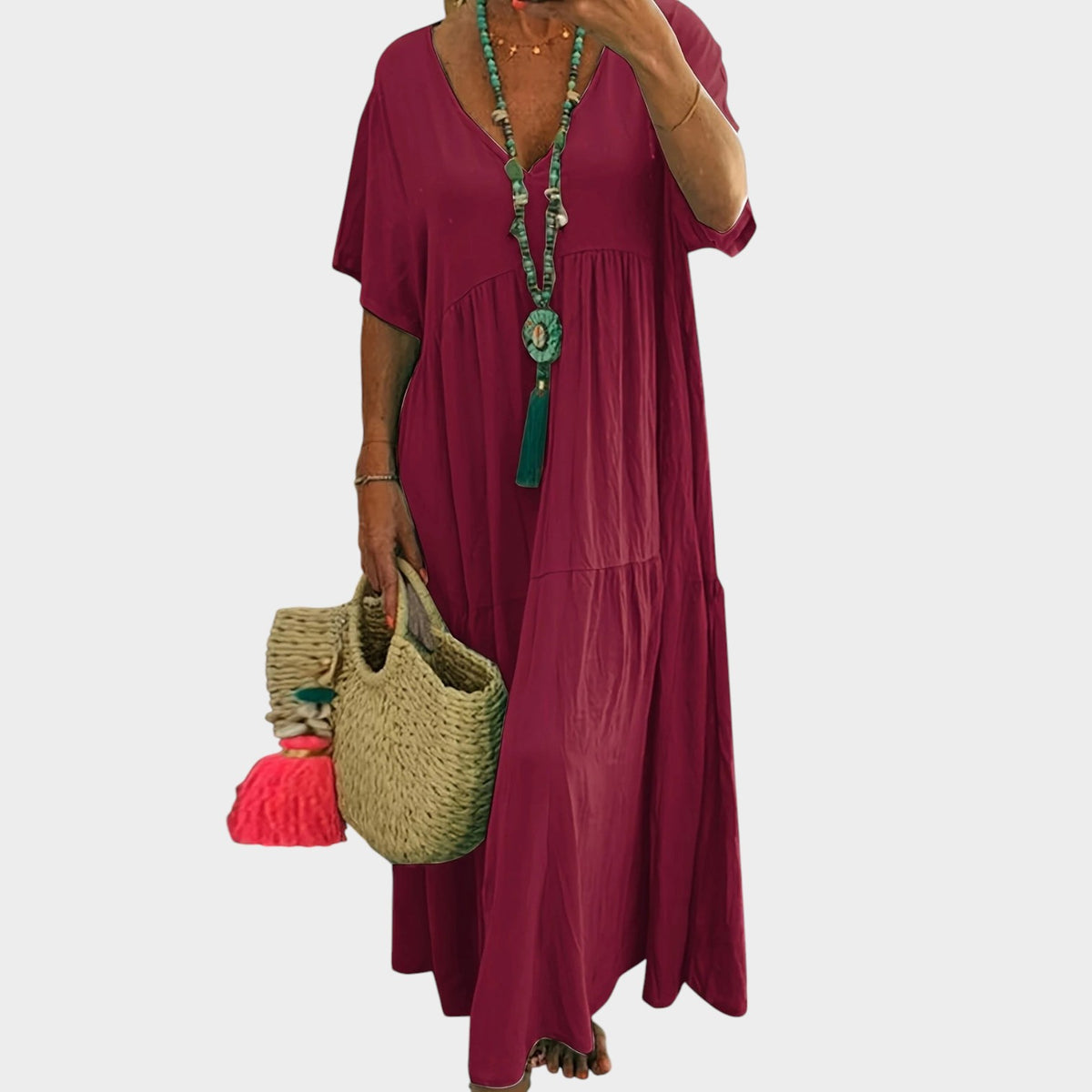 Women's Plus Size Maxi Dress with Short Sleeves and Layered Ruffle Hem