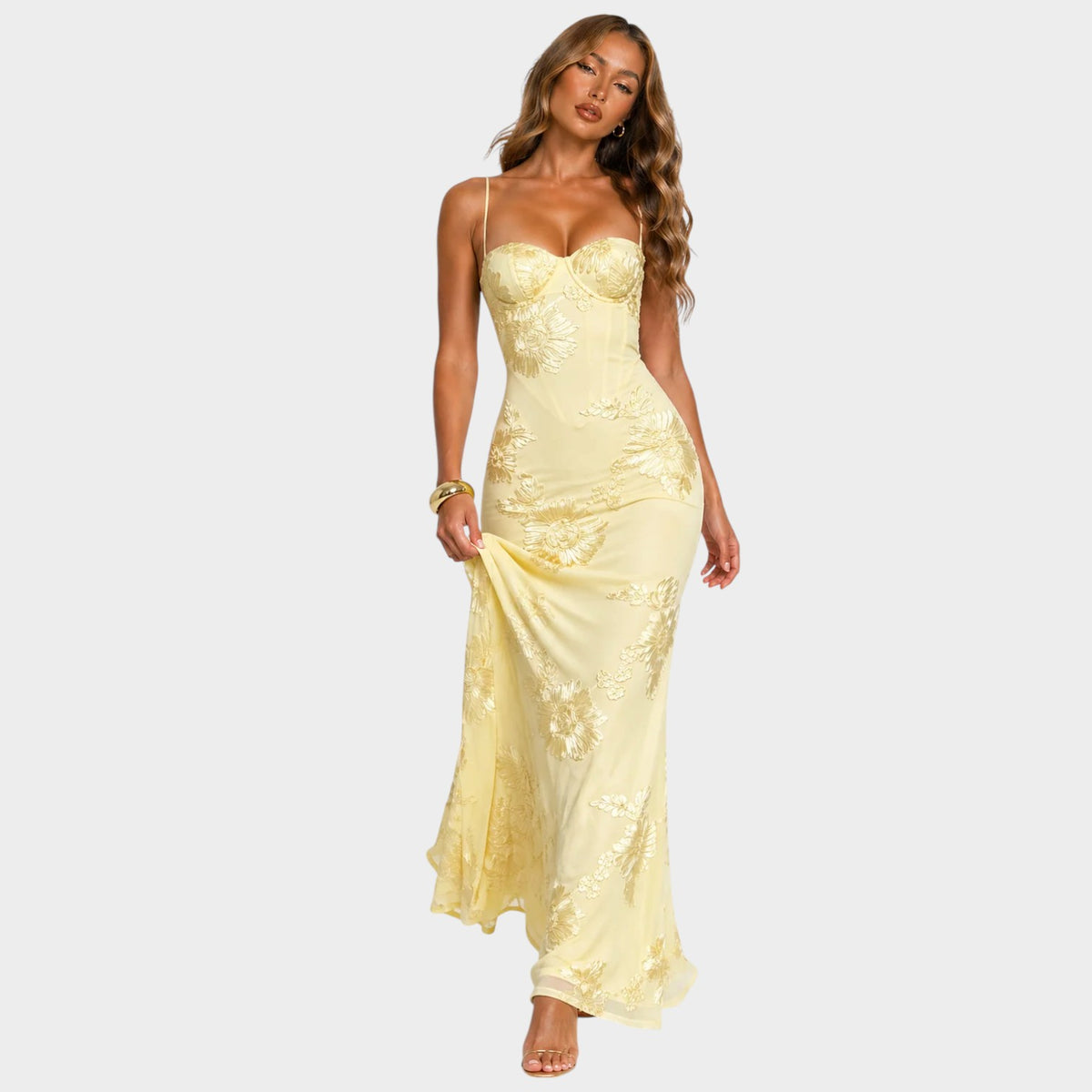 Women’s Floral Corset Maxi Dress with Sweetheart Neckline