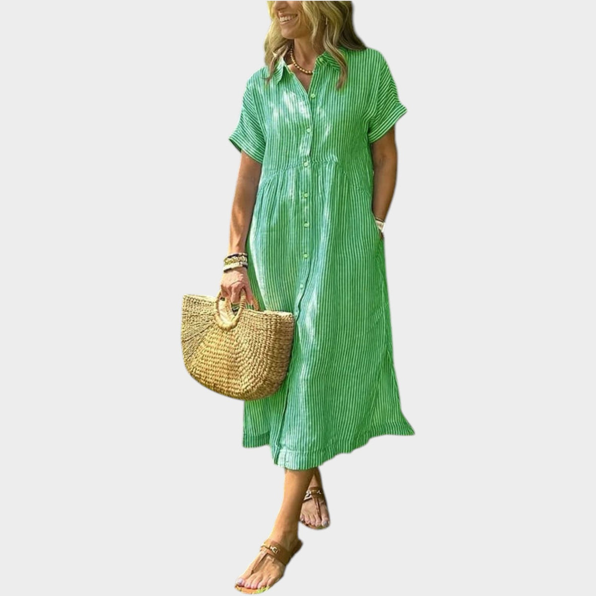 Women’s Striped Maxi Shirt Dress Lapel Collar Button Front