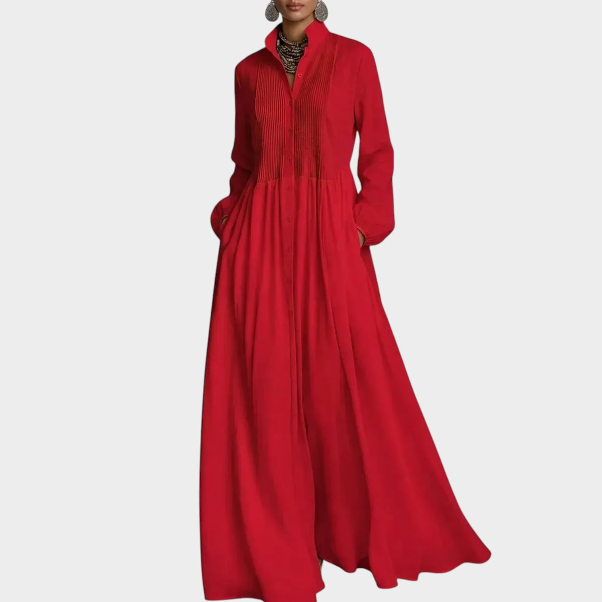 Women’s Long Sleeve Maxi Shirt Dress with Pintuck Detailing and Pockets