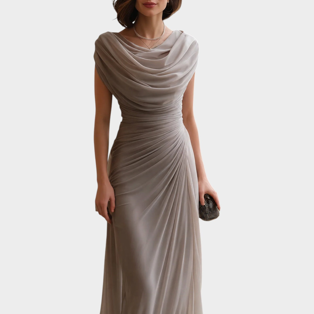 Women’s Ruched Maxi Evening Dress with Draped Cowl Neckline