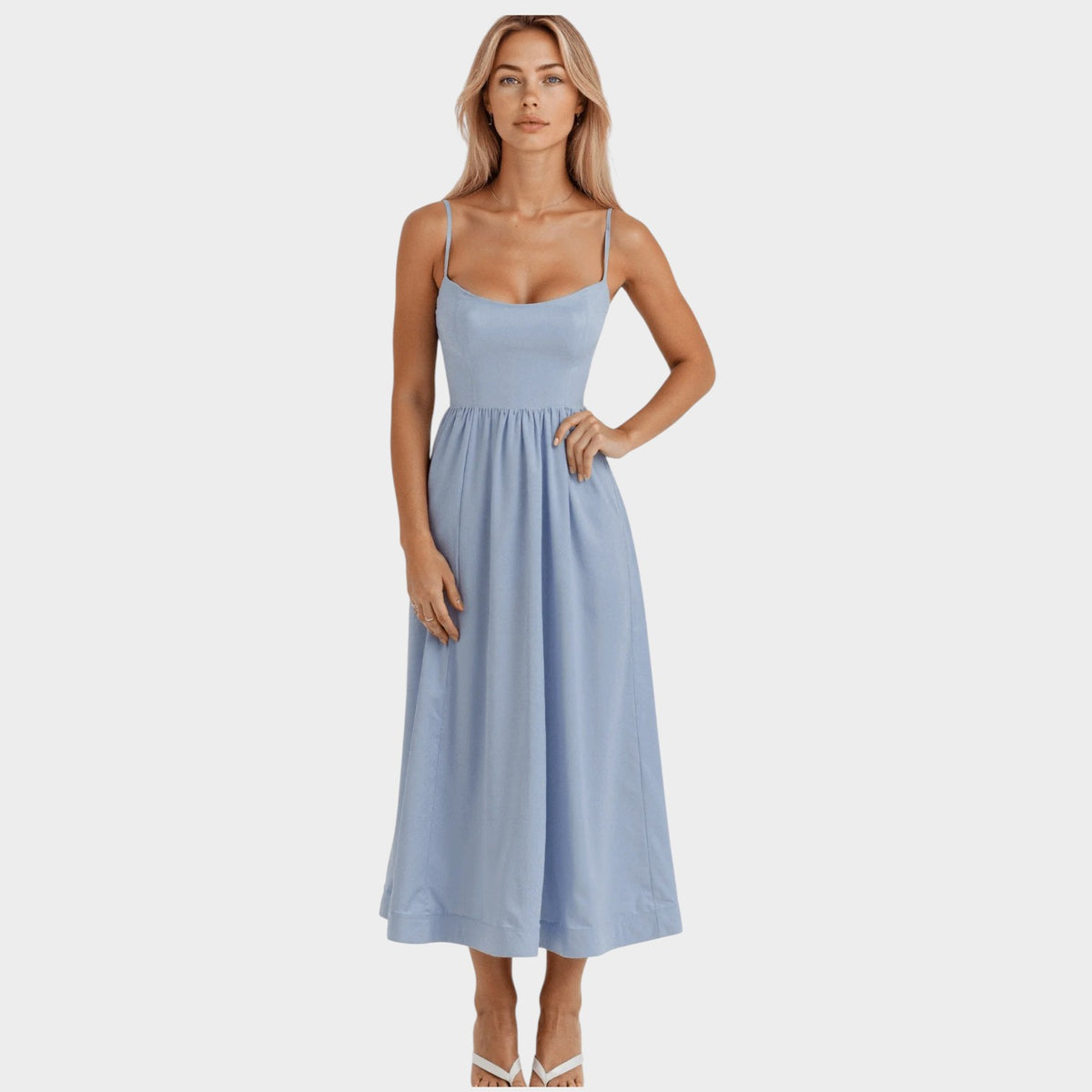 Women’s Sleeveless Midi Dress Square Neckline Flared Skirt