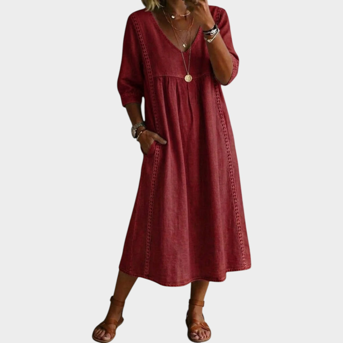 Women’s A-Line Midi Dress with V-Neck, Three-Quarter Sleeves and Lace Trim