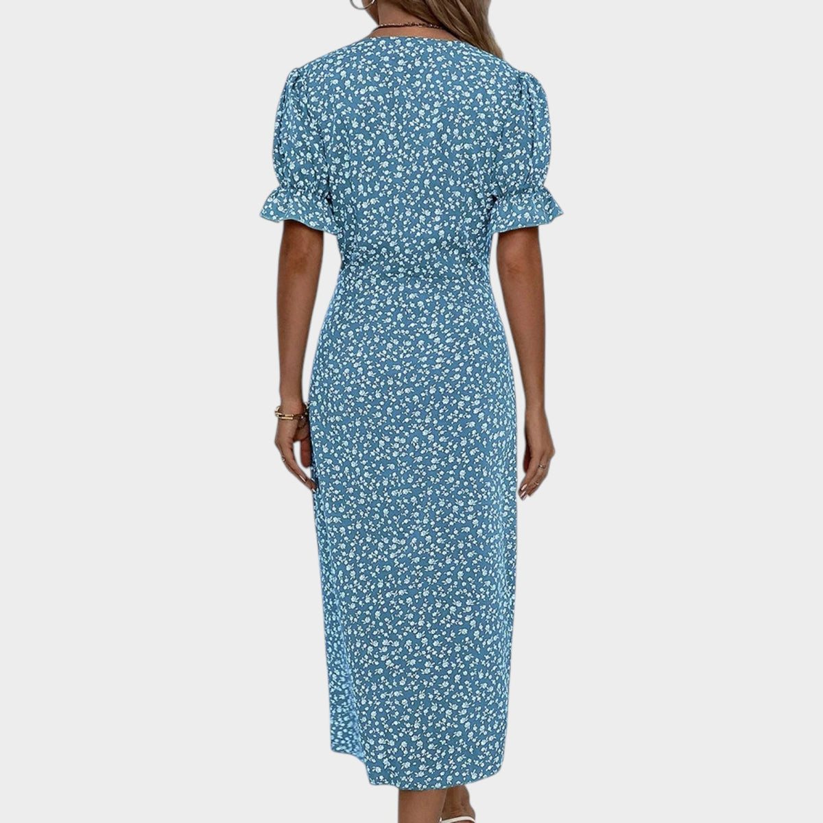 Women’s Floral Midi Dress V-Neck Short Ruffle Sleeves Wrap Front